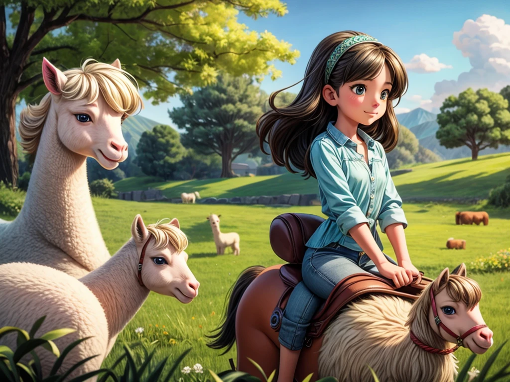 best quality,4k,8k,highres,masterpiece:1.2,ultra-detailed,realistic,photorealistic:1.37,girl riding an alpaca,beautiful detailed eyes,beautiful detailed lips,extremely detailed face,long eyelashes,soft and fluffy fur of the alpaca,green grassy field,clear blue sky,joyful expression on the girl's face,flowing hair,gentle breeze,playful interaction between the girl and the alpaca,cute and colorful saddle,peaceful and harmonious atmosphere,scenic landscape in the background,lively and vibrant colors,soft sunlight casting a warm glow over the scene