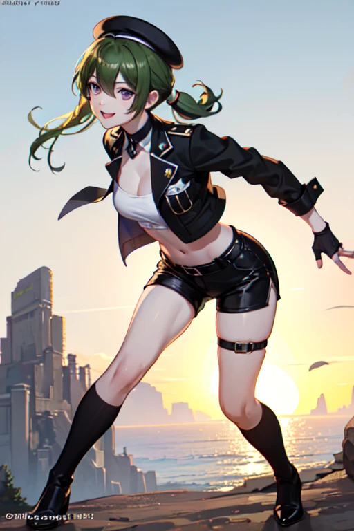 ubel,((ubel of Frieren: Beyond Journey's End )),dark green hair,long hair,side ponytail,hair between eyes,bangs, BREAK (beret, black jacket, open clothes, cleavage, midriff, black shorts, black thighhighs, thigh strap, fingerless gloves, single glove:1.2) , (dynamic angle:1.3, front view:1.1, breast focus:1.3, from below:1.2), (dynamic posing:1.5, sexy posing:1.2, leaning forward), (seductive smiling:1.3),(*K) HD, highest quality, WorKs of masters, High resolution, spread legs, panties shot,1 girl, small nose,(with sparkling eyes and a contagious smile), very beautiful detailed face and eyes, bright colors, cute face, delicate beautiful face, Bright magenta eyes, cute eyes, sparkling eyes, Big eyes, (big breasts:1.3), (perky chest:1.1), (pointed chest:1.0), medium hips, glamorous body, white skin, smile, thin pubric hair, shiny hair, super beautiful face, Super beautiful eyes, Super beautiful hair，trendy outfit，magazine cover，sexy and attractive，explosion of colors，big hairpin，full body esbian，illegal occupation, Real World, Natural light,perfect Natural light,looking at viewer,
