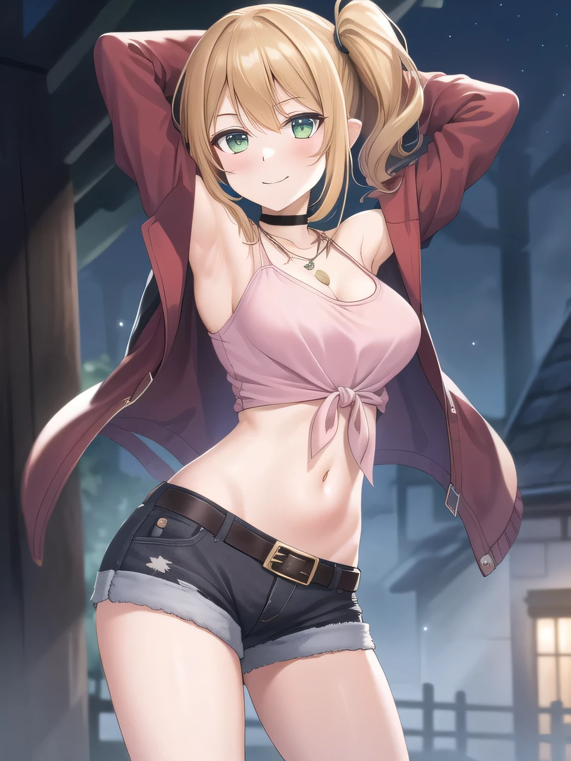 (masterpiece, best quality:1.2),illustration,8k,hd,1girl,solo, green eyes,side ponytail,brown hair,jacket,tied shirt,pink shirt,belt,choker,long hair,midriff,necklace,jewelry,off shoulder,green jacket,denim shorts,breasts,long sleeves,black shorts,black choker,bangs, solo, night sky, forest, arms behind head, contrapposto, spread armpits, closed mouth, smile, (cowboy shot:1.5)