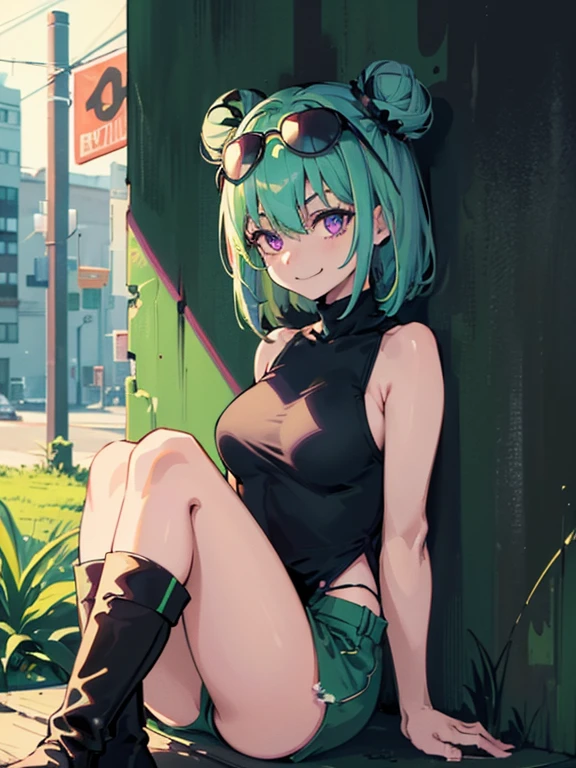 (highres), (best quality), (detailed) 1 girl, alone, medium hair, pastel green hair, twin buns, evil smile, violet eyes, round black sunglasses on head, black sleeveless turtleneck top, green shorts, dark brown boots, day time, abandoned place, wall, relaxing pose