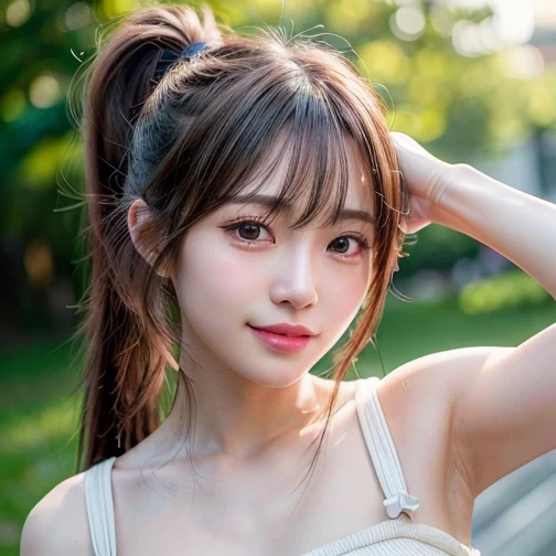 (8k, RAW Photos, highest quality, Tabletop:1.2), (Realistic, Realistic:1.4), (Highly detailed 8K wallpapers), Sharp focus, Written boundary depth, Cinema Lighting, Soft Light, Beautiful eyes in every detail,Shiny smooth light brown, Asymmetrical bangs, Shiny skin, Highly detailed skin ,High resolution, Attention to detail, detailed hairstyle, Beautiful face in every detail, Ultra-realistic, Perfect limbs, Perfect Anatomy ,1 Japanese girl,Famous idols of Japan, Perfect female body,smile,short eyelashes,double eyelid,Look straight here,((Long Hair:1.6, ponytail)),So that the whole body is reflected,street,(Stand up straight and pose),So that the whole body is reflected,Close up of face looking straight at me
