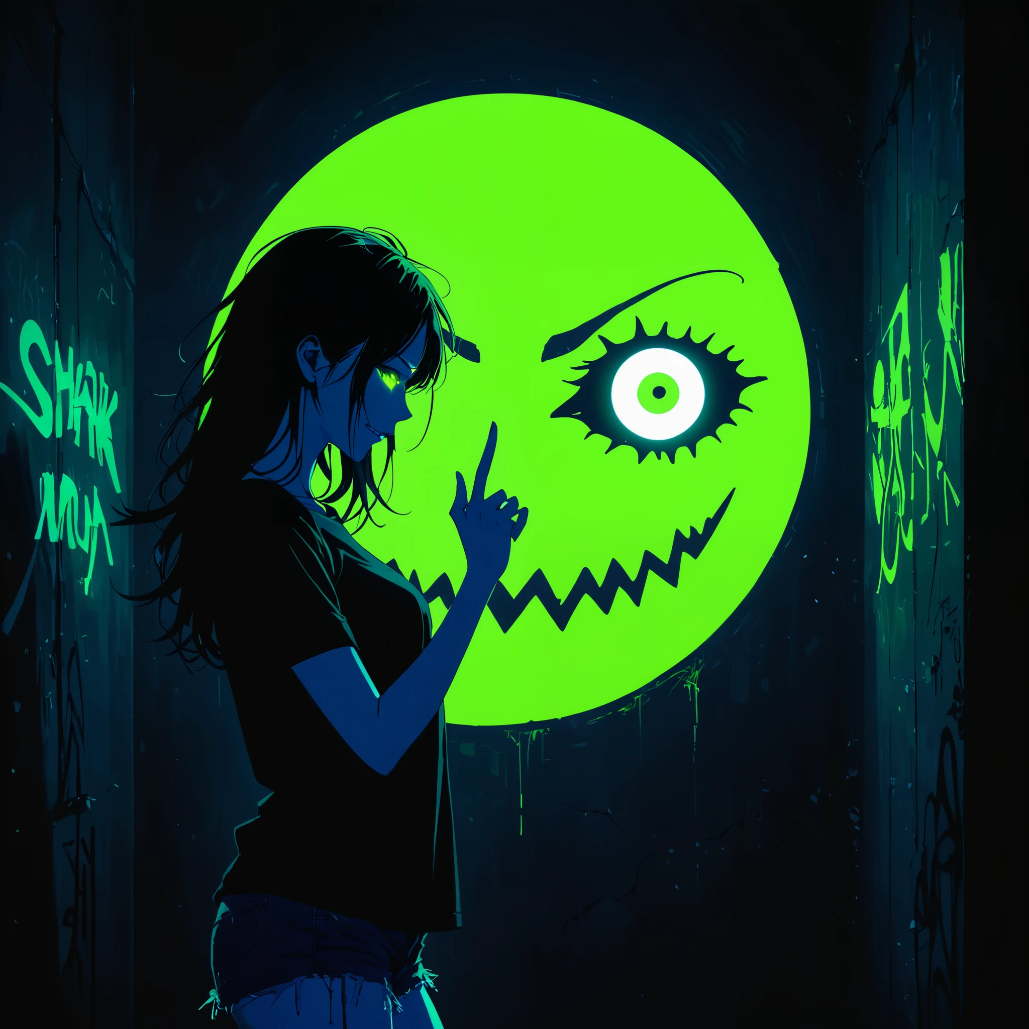 (Portrait of a mysterious giant eye)，indoor，Fluorescent illumination，(((Darkness shrouded)))，Wall background，black background，silhouette，shadow，extreme darkness，Minimalist graffiti style background，Fluorescent green ploy Skull pattern graffiti，Dark atmosphere，cowboy shot,1girl,Oversized black T-shirt，Medium Breast，Waistless T-shirt，（underboob），blurred background，Blurred foreground，Green fluorescent hair，Fluorescent green eyes，Hand raised and touching hair，long hair，Messy hair，Low rise denim shorts，Over-the-knee boots，pink eye shadow，Ruined eyeshadow，Grin，Open your mouth，Devil smiley，middle finger，Shark Teeth，Dark and Edgy、Surrealist elements、expressive brushstrokes、dynamic composition。（Realism，照片Realism，照片Realism：1.37），extreme detail description