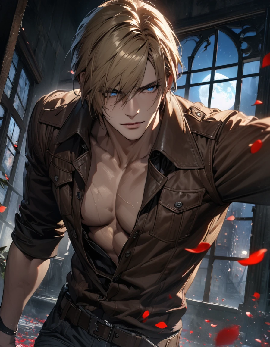 absurdres, highres, ultra detailed, HDR, masterpiece, Leon S Kennedy, blond-brown hair, expressive blue eyes, Resident Evil 6, 1man, handsome, brown coat, tight black shirt, toned chest, window, moon, petals
