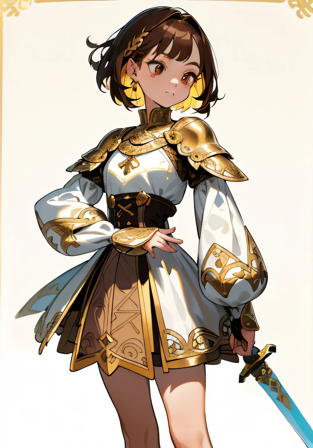 1GIRL, cute girl, finely detailed, (best quality), (intricate details), cute style, knight style, multicolored, medieval style, ((medium length brown hair)), best quality, ((long sleeve short dress)), ((white and gold clothes)), ((knight style clothes)), ((round eyes)), (girl is holding a sword), beautiful face, cute face, pinup, perfect face, simple background portrait