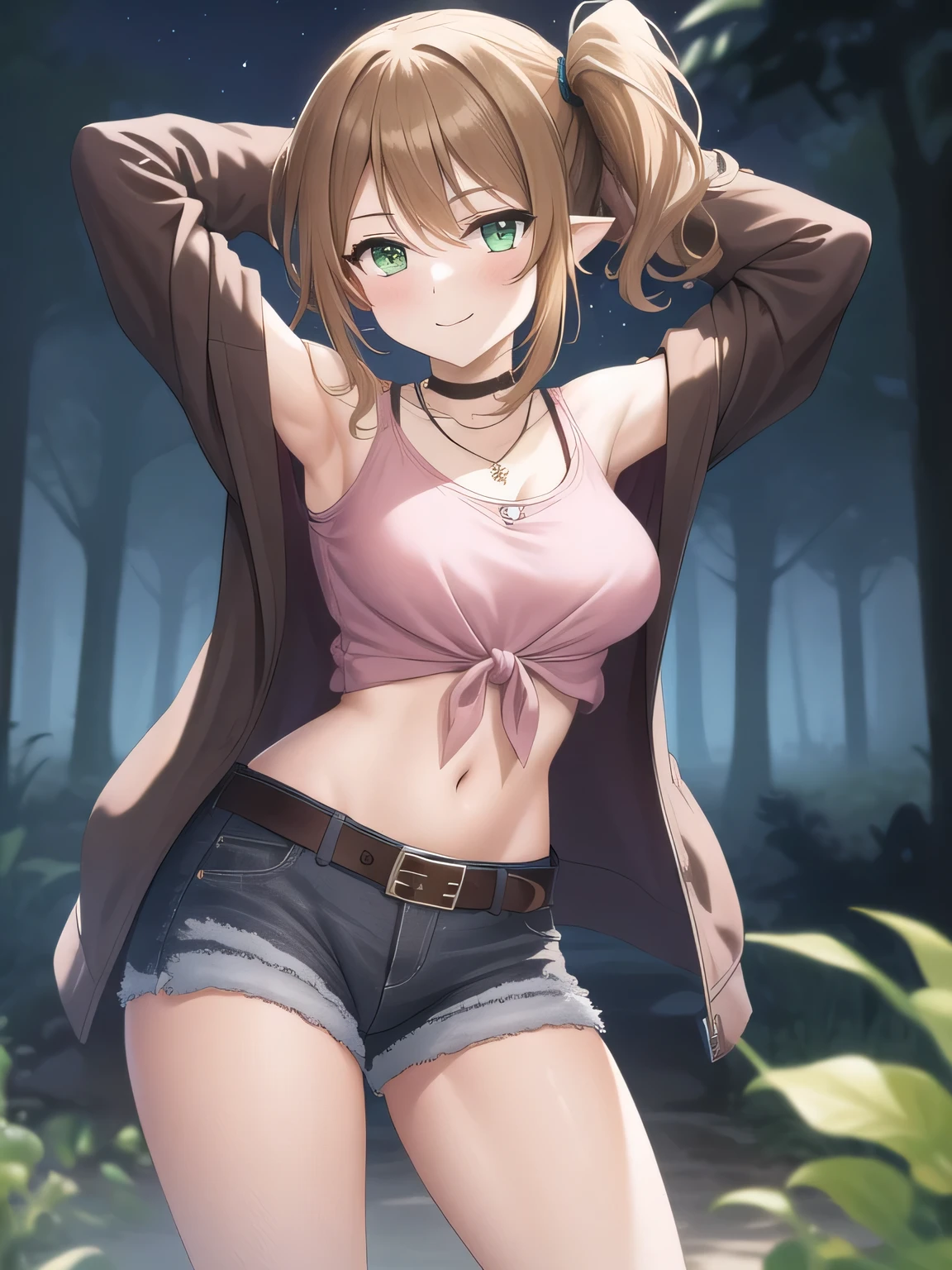 (masterpiece, best quality:1.2),illustration,8k,hd,1girl,solo, green eyes,side ponytail,brown hair,jacket,tied shirt,pink shirt,belt,choker,long hair,midriff,necklace,jewelry,off shoulder,green jacket,denim shorts,breasts,long sleeves,black shorts,black choker,bangs, solo, night sky, forest, arms behind head, contrapposto, spread armpits, closed mouth, smile, (cowboy shot:1.5)