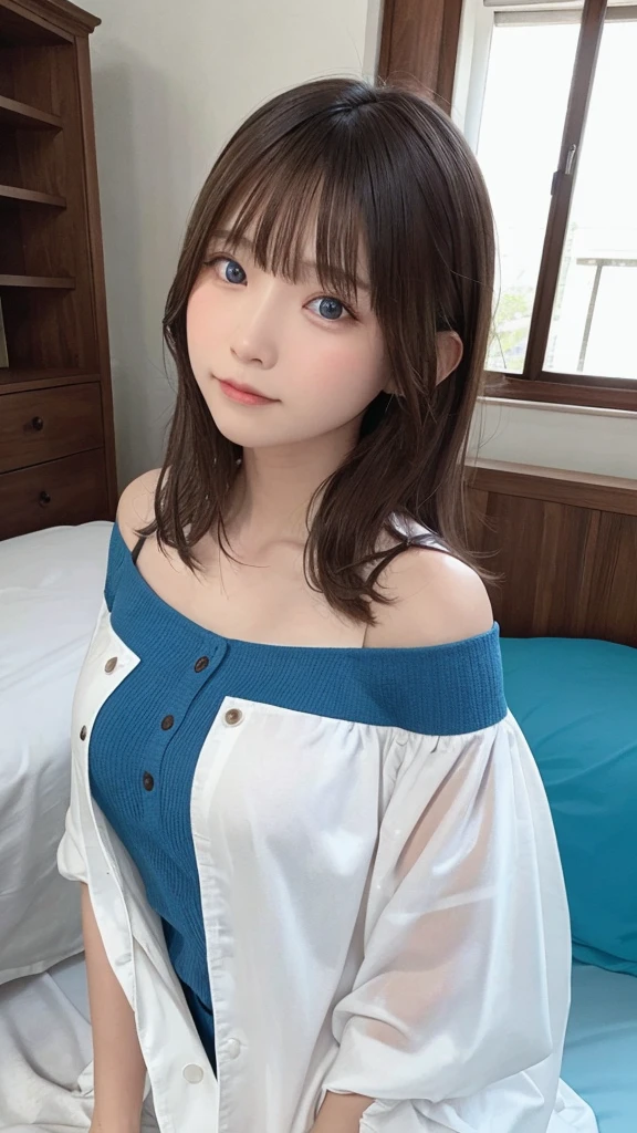 Super detailed、Particles of light:0.5、Off the shoulder、Beautiful valley、sleep on your back in bed、Beautiful Blue Eyes、Half-open mouth、Natural Texture、Dripping cloudy saliva、Realistic Skin