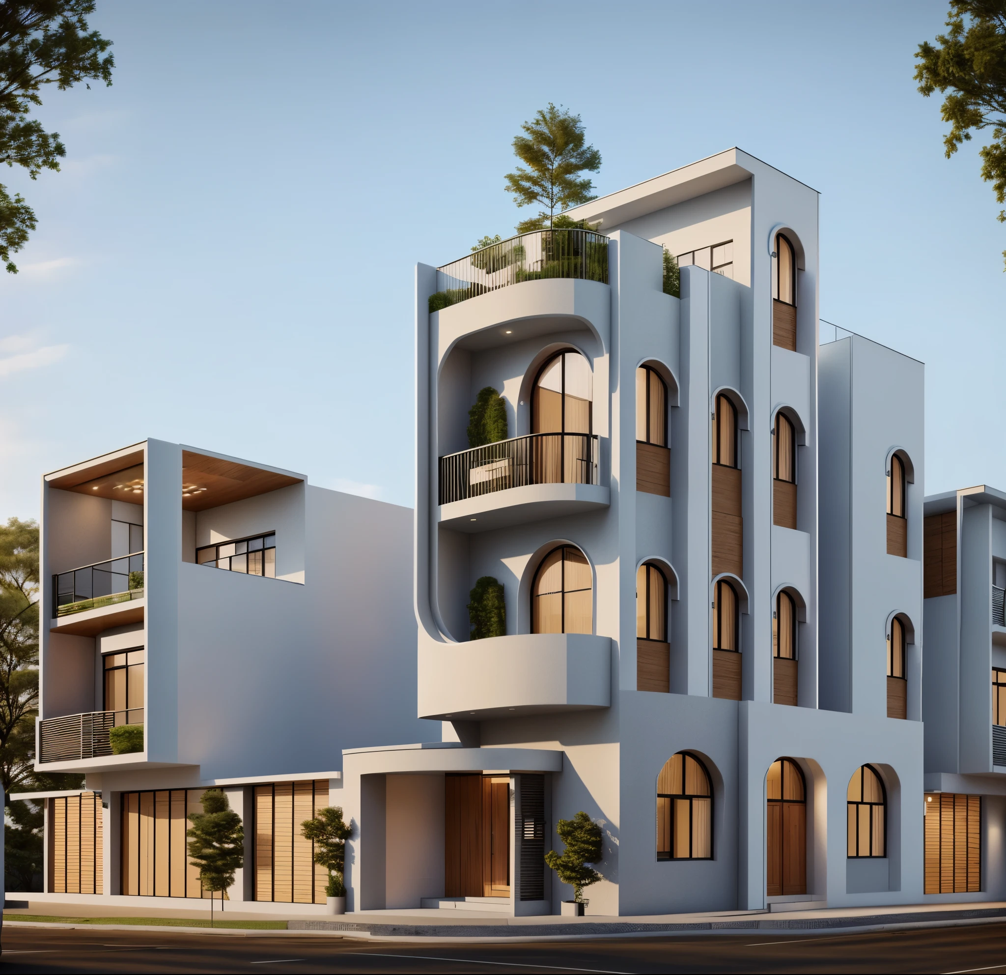rendering of a modern residential townhouse, professional render, wide angle exterior 2023, highly detailed render, high quality rendering, realistic render, architectural render, high-quality render, detailed rendering, hyper-realistic render, hyper - realistic render, very realistic 3 d render, high render, realistic rendering, very realistic render