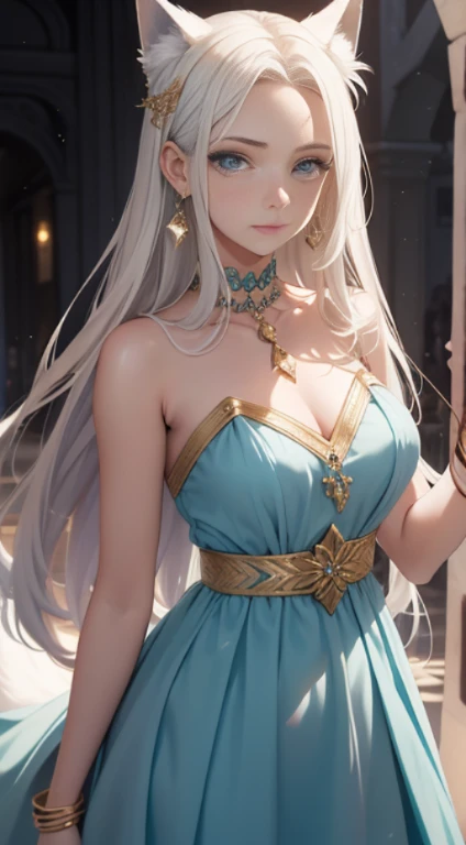 ((A beautiful young lady with a light blue dress with bare shoulders and gold details ,white fox fur on wrists and shoulders,delicado)),Rasgos faciales exquisitos,Rasgos faciales tridimensionales.,cara perfecta,ojos verde claro,cabello gris claro((Llevando un chal dorado que cae de los brazos,Sostenga una delicada flor en la mano,Nacido con un par de ojos hermosos,Dientes labios blancos rojos,pechos grandes cintura delgada,Precision forged gold necklace,Bueno montando un caballo elegante)),de aspecto majestuoso,elegante,Mejores trabajos ganadores del premio Photography Masters,Light particles surround,obra maestra,A high resolution,Luxury Goods,una hermosa,rico en detalles,Brillando con los ojos de Dios,Calidad del arte,((primer plano por todo el cuerpo)),The fingers are clearly defined or perfect,efecto dingdall,erudito,The necklace reflects a stunning metallic shine,mano perfecta,glass craft,with a feeling of stratification,Rasgos faciales claros ,Alas blancas en reemplazo de orejas