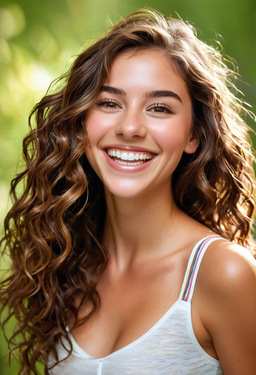 a vibrant young woman with wavy brown hair that falls in cascades of shiny strands around her face and hazel eyes full of life and energy. Her smile is contagious and her bubbly laugh is full of joy.. With a moderate height and an athletic figure, Radiates a youthful vitality that brightens any room you enter.