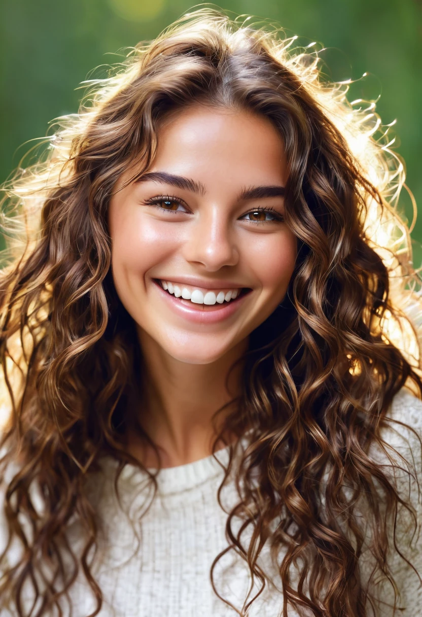 a vibrant young woman with wavy brown hair that falls in cascades of shiny strands around her face and hazel eyes full of life and energy. Her smile is contagious and her bubbly laugh is full of joy.. With a moderate height and an athletic figure, Radiates a youthful vitality that brightens any room you enter.