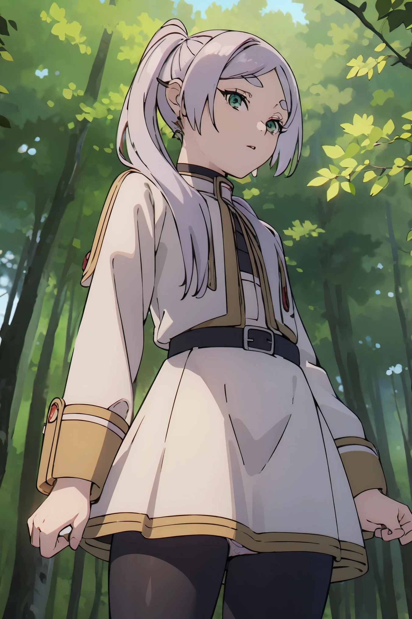 (Best Quality, Masterpiece),sexy, erotic, 1girl, 18 years old, Contempt, pride, silver hair, 2 ponytails, ((official outfit)), ((((panties)))), small breasts, ((cowboy shot)), (from below), looking at viewer, (green eyes), ((forest)), pantyhose, (lifting skirt), looking down, underdress