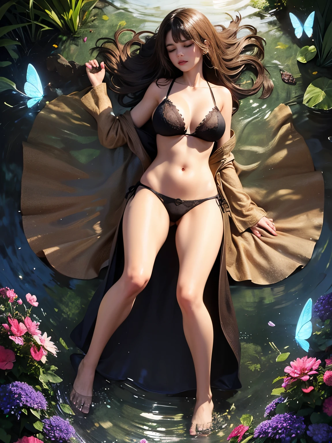 3D abstract shape of an intertwining of wildflowers and a sleeping woman with long brown hair, combined foliage and flowers, black light emitting background, black liquid pond background, full female body, high relief, splash, bronze butterfly, sleeping lady , full body, butterfly, tunic melted in water, wet skin, transparent robe, translucent robe, brunette Latin woman with black bra