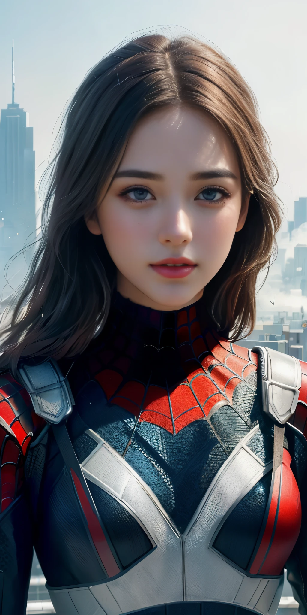 (1girl:1.3), Solo, (((Very detailed face)))), ((Very detailed eyes and face)))), Beautiful detail eyes, Body parts__, Official art, Unified 8k wallpaper, Super detailed, beautiful and beautiful, beautiful, masterpiece, best quality, original, masterpiece, super fine photo, best quality, super high resolution, realistic realism, sunlight, full body portrait, amazing beauty, dynamic pose, delicate face, vibrant eyes, (from the front), She wears Spider-Man suit, red and black color scheme, spider, very detailed city roof background, rooftop, overlooking the city, detailed face, detailed complex busy background, messy, gorgeous, milky white, highly detailed skin, realistic skin details, visible pores, clear focus, volumetric fog, 8k uhd, DSLR, high quality, film grain, fair skin, photo realism, lomography, futuristic dystopian megalopolis, translucent