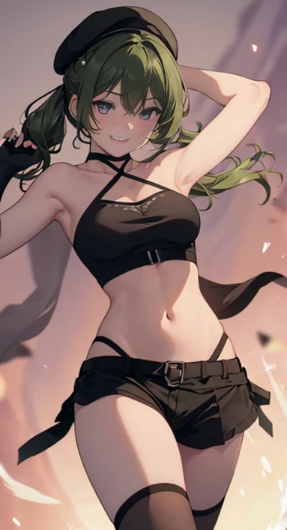 ubel,((ubel of Frieren: Beyond Journey's End )),dark green hair,long hair,side ponytail,hair between eyes,bangs, BREAK (beret, black jacket, open clothes, cleavage, midriff, black shorts, black thighhighs, thigh strap, fingerless gloves, single glove:1.2) , (dynamic angle:1.3, front view:1.1, breast focus:1.3, from below:1.2), (dynamic posing:1.5, sexy posing:1.2, leaning forward), (seductive smiling:1.3),(*K) HD, highest quality, WorKs of masters, High resolution, spread legs, panties shot,1 girl, small nose,(with sparkling eyes and a contagious smile), very beautiful detailed face and eyes, bright colors, cute face, delicate beautiful face, Bright magenta eyes, cute eyes, sparkling eyes, Big eyes, (big breasts:1.3), (perky chest:1.1), (pointed chest:1.0), medium hips, glamorous body, white skin, smile, thin pubric hair, shiny hair, super beautiful face, Super beautiful eyes, Super beautiful hair，trendy outfit，magazine cover，sexy and attractive，explosion of colors，big hairpin，full body esbian，illegal occupation, Real World, Natural light,perfect Natural light,looking at viewer,
