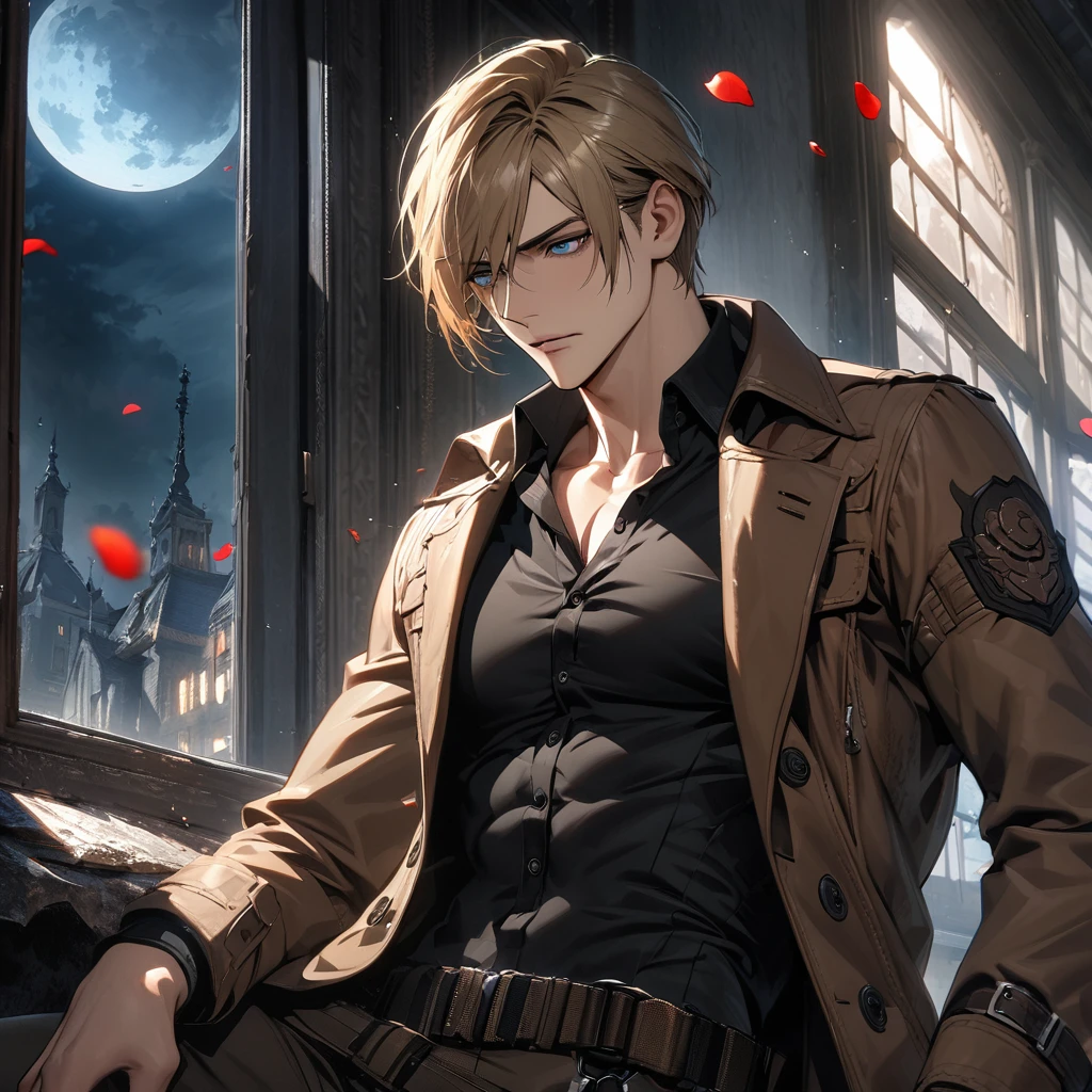 absurdres, highres, ultra detailed, HDR, masterpiece, Leon S Kennedy, blond-brown hair, expressive blue eyes, Resident Evil 6, 1man, handsome, brown coat, tight black shirt, toned chest, window, moon, petals, roses