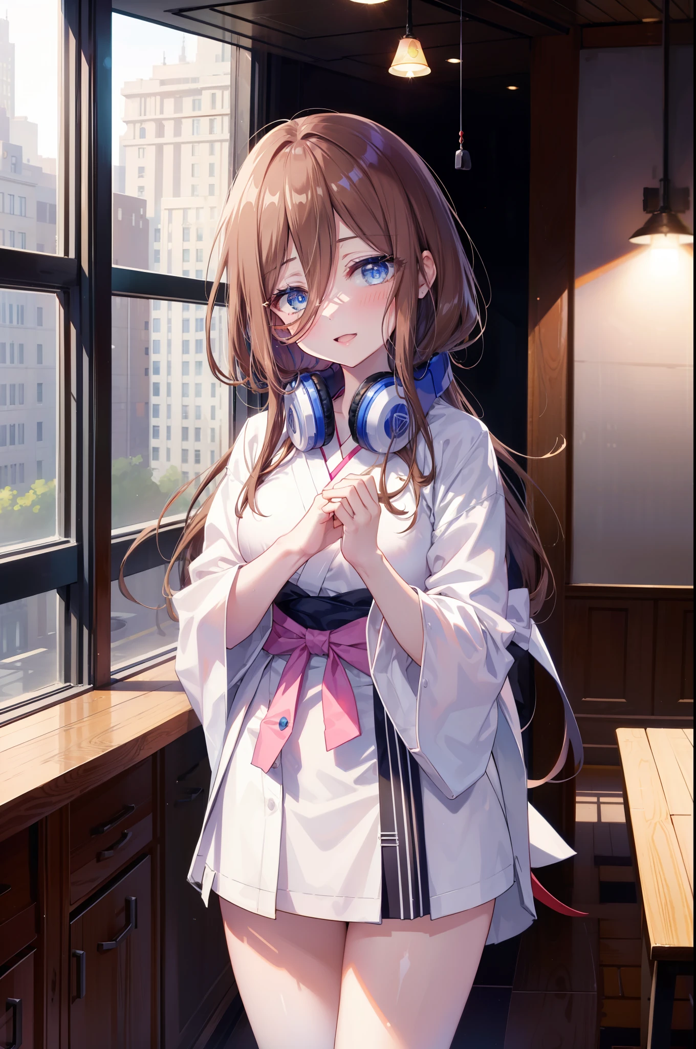 Miku Nakano, Miku Nakano, Long Hair, bangs, blue eyes, brown hair, shirt, Hair between the eyes, Long Hair,happy smile, smile, Open your mouth,blush,Idol-style white kimono,long furisode,White mini cucumber,White tights,Zori sandals,tray, tray in one hand,A beautiful waitress with Long Hair comes to the table to take our order,As if your whole body is in the illustration,
break looking at viewer, (Cowboy Shot:1. 5)
break indoors, coffee shop,
break (masterpiece:1.2), highest quality, High resolution, unity 8k wallpaper, (shape:0.8), (Fine and beautiful eyes:1.6), Highly detailed face, Perfect lighting, Highly detailed CG, (Perfect hands, Perfect Anatomy),