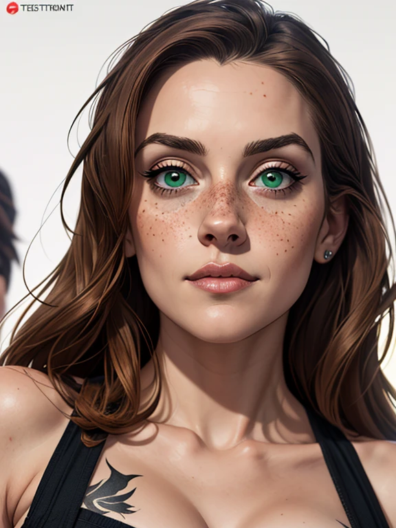 Character style illustration stylish looks showing big fear size breastsCartoon white background medium breasts face with freckles Alicia Silverstone actress strong contours Physical description - long straight hair, dyed a vibrant brown that contrasts with their pale skin.
- His eyes are an intense green, reflecting a mix of curiosity and determination.
- Ela tem uma estatura baixa, with a slim and agile figure, evidenciando sua agilidade e destreza.
- His appearance is adorned with several colorful tattoos that cover his arms and neck, each telling a different story of their past adventures.
 Design de personagens de retrato, beautiful digital illustration, retrato de alta qualidade, Arte em quadrinhos, Corpo inteiro sensualizando ou pelada