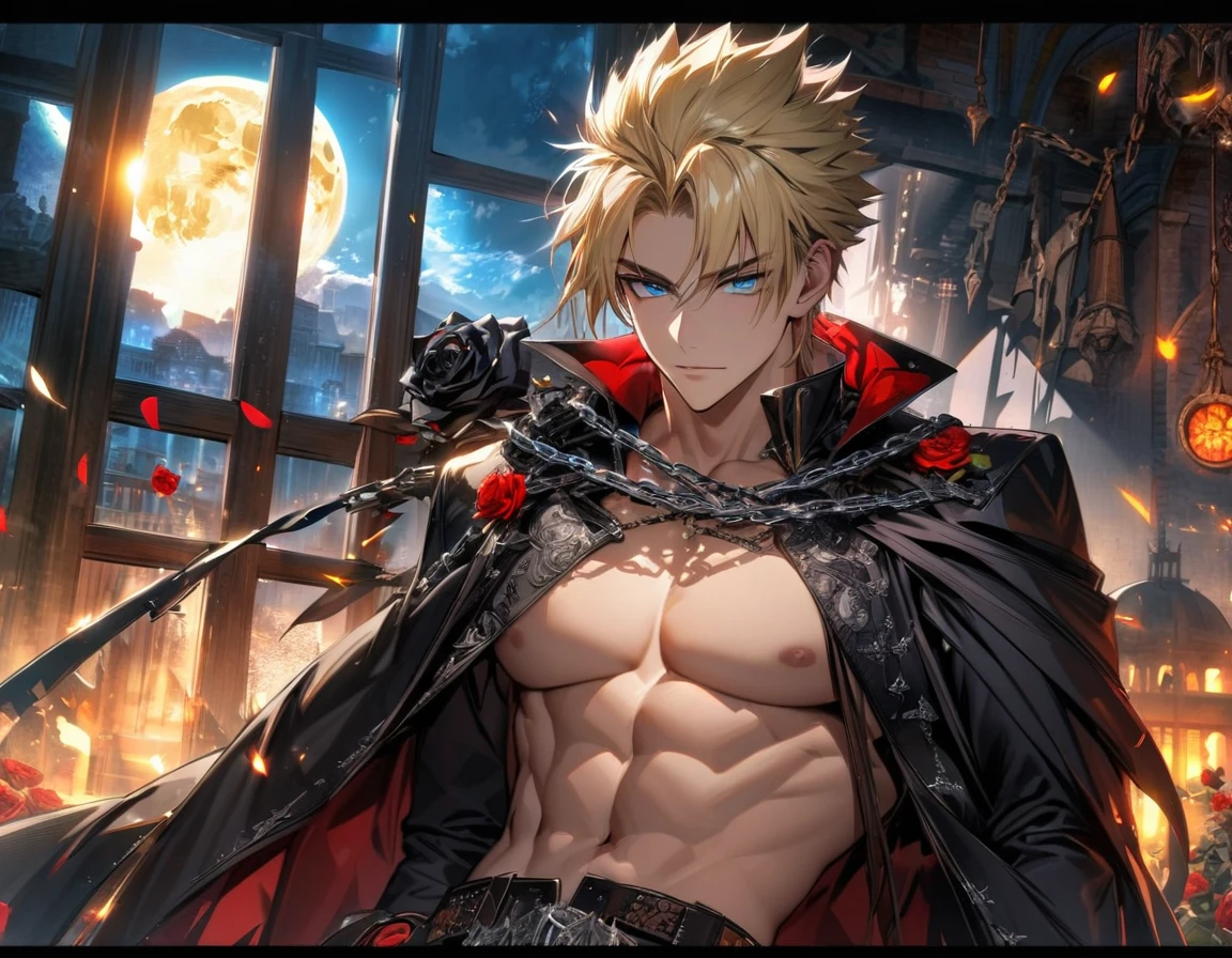 Ultra detailed, Highres, absurdres, HDR, Vash Stampede, blond hair, blue eyes, amber round sunglasses, Trigun, black gloves, black cape, bare chest, prince cool clothes, 1 man only, moon, window, roses, handsome, chains,