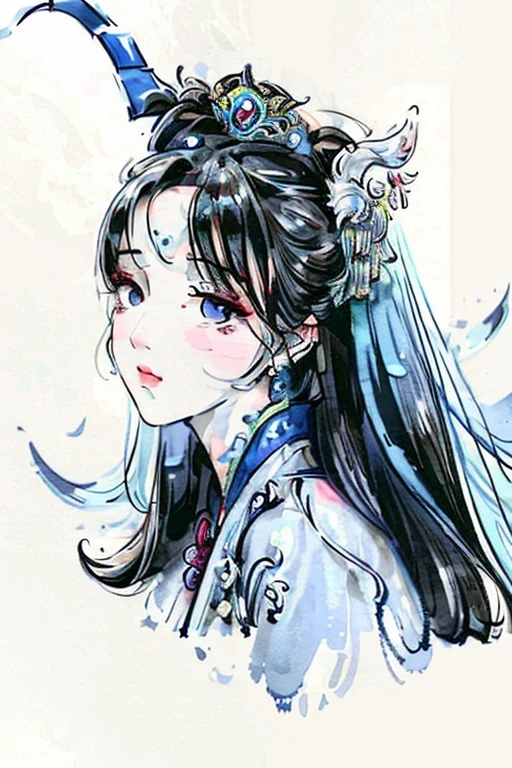Artistic ink painting,New Gongbi,wonderland,dream,Azure,close up,Hua Dan's front face,The picture is fresh,Clean lines,Dressed in opera costumes,Wearing a Huadan headdress
