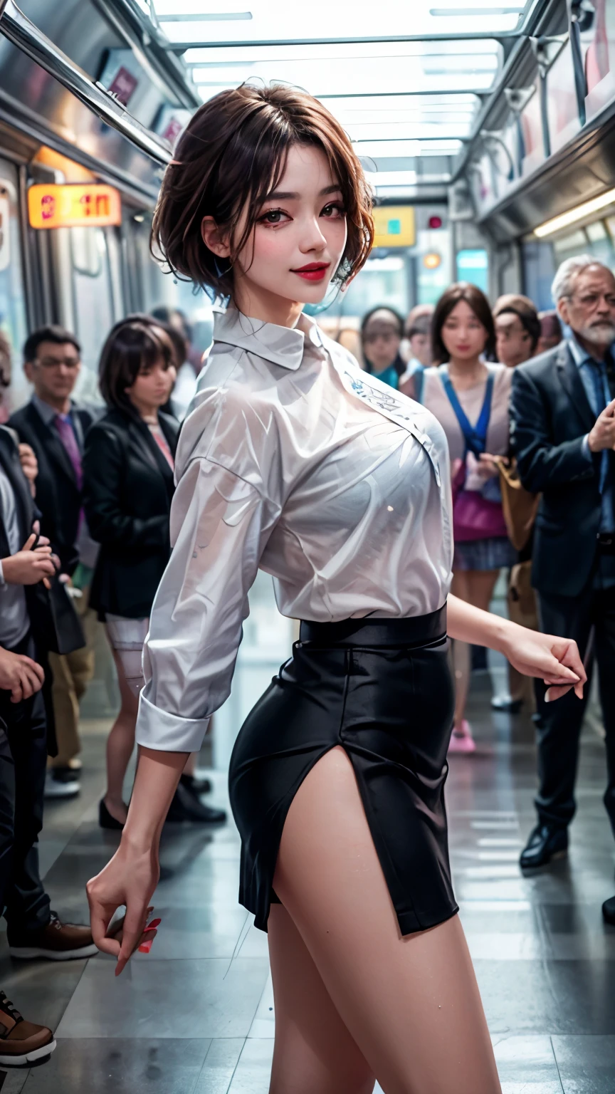 masterpiece, best quality, (Practical), high quality, 4K, (masterpiece:1.2), (best quality:1.2), (Realistic photos:1.2), 8k, movie poster photo, Intricate details,
A young Korean woman in office clothes stands，Full body portrait， She was wearing a suit jacket，Pair with matching skirt and black heels. Her black hair was neatly parted，Draped over the shoulders.  The subway car around her is filled with blurry city commuters, Super tight hip-hugging skirt，Extra short skirt with hips，Sweat like a pig，Wet clothes，Soaked whole body，Sexy hot body，
(( 3/4 Body : 1.2 )) (( Large Breasts )) , (( cleveage ))，(((( 5+ old man )) stand around， (masterpiece,best quality:1.5)，detailed person、Delicate face、Detailed background、 from the side、 Dramatic cosmetic、cosmetic、Pinky pink lipstick、Eye Makeup、mascara、Eyeliner、Eyeshadow、Rainbow colored contact lenses、((Tight shirt and miniskirt、woman with charming smile)), Blurred background、short hair, Delicate face, high quality, high resolution、