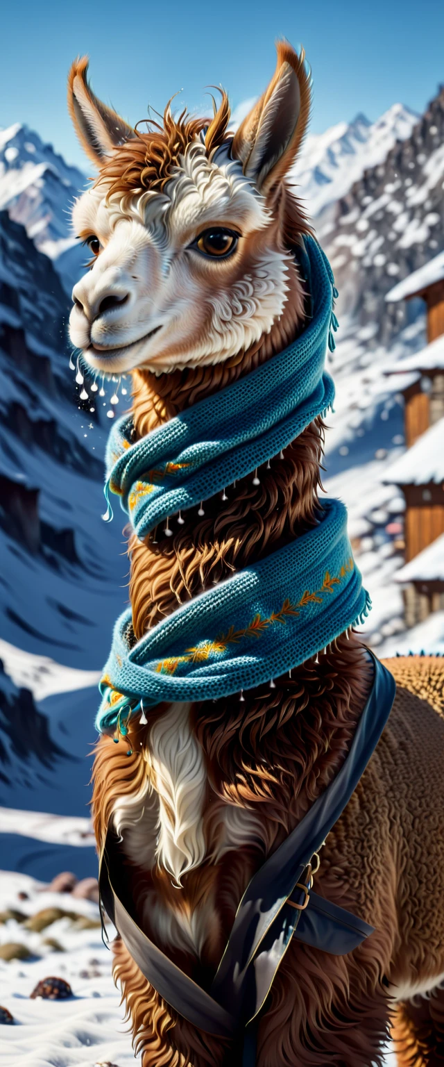 ((an alpaca in the Andes, with a scarf around his neck, winter blur on his head, drinking a steaming cup of chocolate:1.5)), ((snow, all snowy:1.5)), realistic:1.3,( photorealistic , 8k, RAW Photos, Premium quality, masterpiece, epic lighting, Centered image), (long shot), full body, 32k