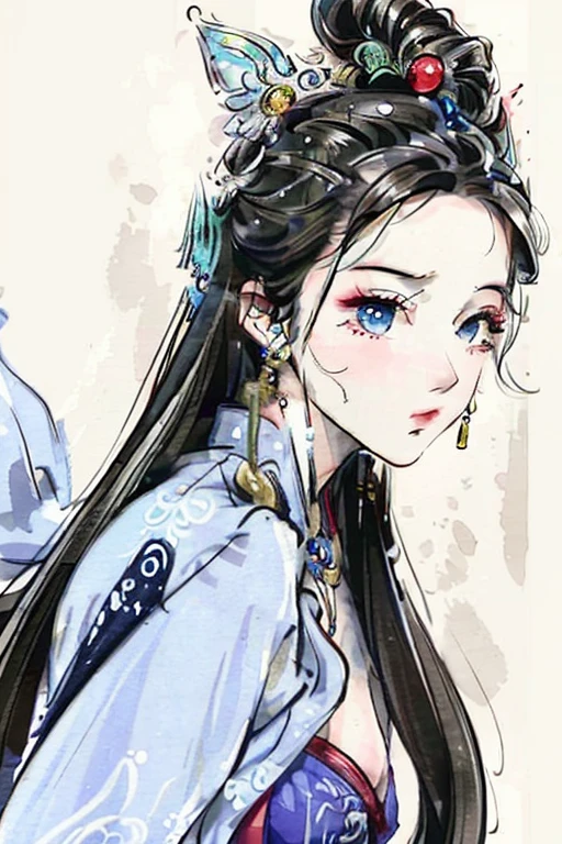 Artistic ink painting,New Gongbi,wonderland,dream,Azure,Close-up,Hua Dan's front face,The picture is fresh,Clean lines,Dressed in opera costumes,Wearing a Huadan headdress