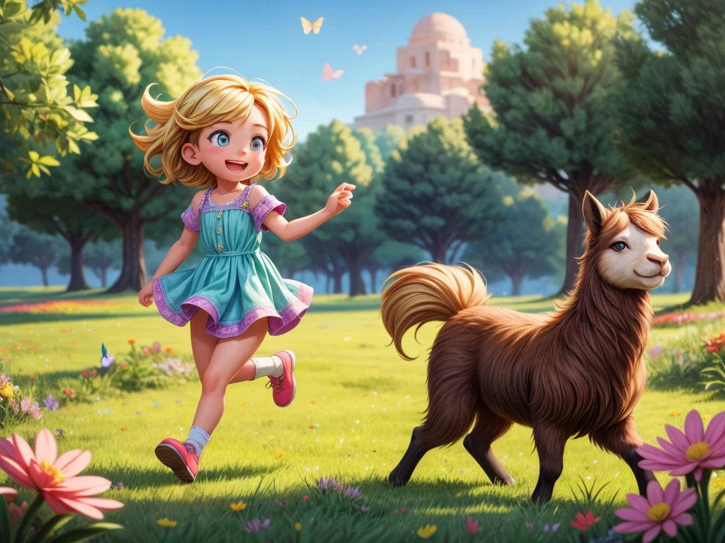 a girl riding on an alpaca, running through a vibrant meadow, with flowing golden hair, wearing a colorful flowing dress, joyful expression on her face, surrounded by blooming flowers and fluttering butterflies, under the warm rays of the sun, creating a lively and energetic atmosphere. The artwork is created using detailed realism techniques, showcasing fine brushstrokes and intricate details. The colors are vivid and vibrant, with a mix of warm and cool tones. The lighting is soft and natural, casting gentle shadows on the landscape. The overall image quality is of the highest standard, capturing every delicate nuance and texture.