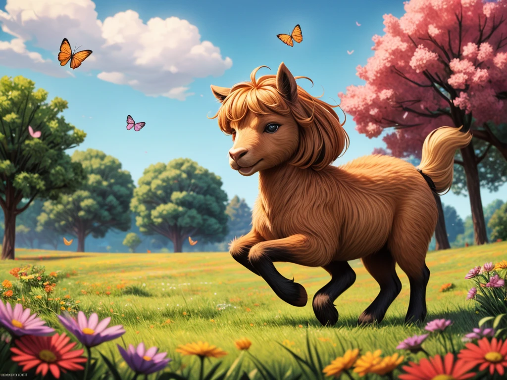 a girl riding on an alpaca, running through a vibrant meadow, with flowing golden hair, wearing a colorful flowing dress, joyful expression on her face, surrounded by blooming flowers and fluttering butterflies, under the warm rays of the sun, creating a lively and energetic atmosphere. The artwork is created using detailed realism techniques, showcasing fine brushstrokes and intricate details. The colors are vivid and vibrant, with a mix of warm and cool tones. The lighting is soft and natural, casting gentle shadows on the landscape. The overall image quality is of the highest standard, capturing every delicate nuance and texture.