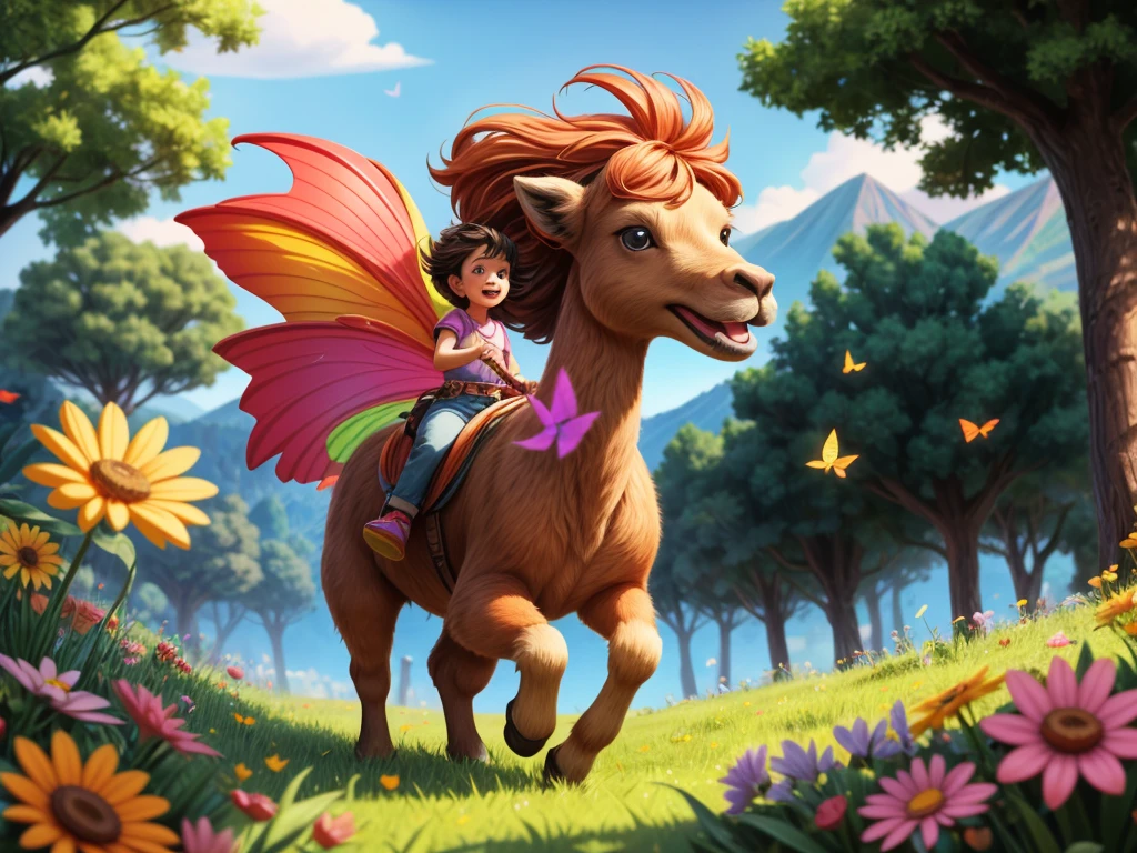 a girl riding on an alpaca, running through a vibrant meadow, with flowing golden hair, wearing a colorful flowing dress, joyful expression on her face, surrounded by blooming flowers and fluttering butterflies, under the warm rays of the sun, creating a lively and energetic atmosphere. The artwork is created using detailed realism techniques, showcasing fine brushstrokes and intricate details. The colors are vivid and vibrant, with a mix of warm and cool tones. The lighting is soft and natural, casting gentle shadows on the landscape. The overall image quality is of the highest standard, capturing every delicate nuance and texture.