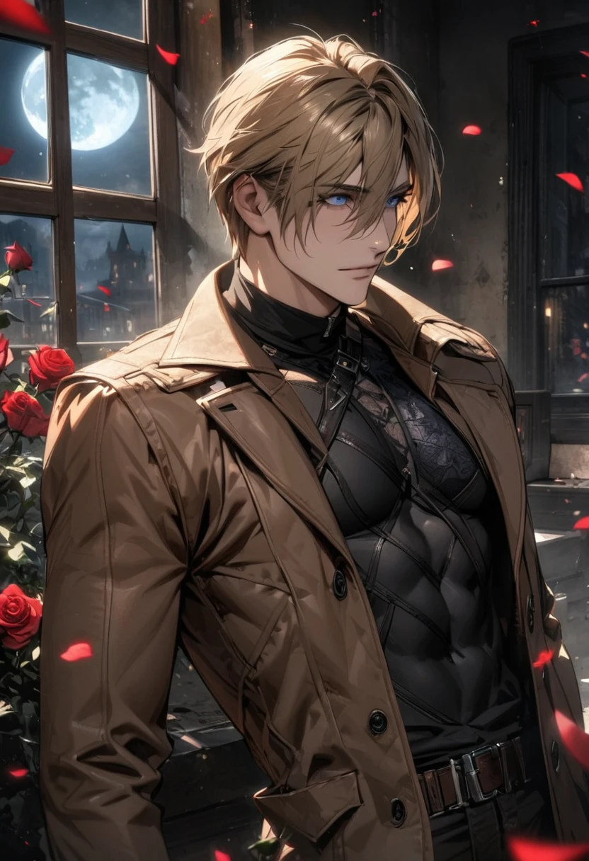 absurdres, highres, ultra detailed, HDR, masterpiece, Leon S Kennedy, blond-brown hair, expressive blue eyes, Resident Evil 6, 1man, handsome, brown coat, tight black shirt, toned chest, window, moon, petals, roses