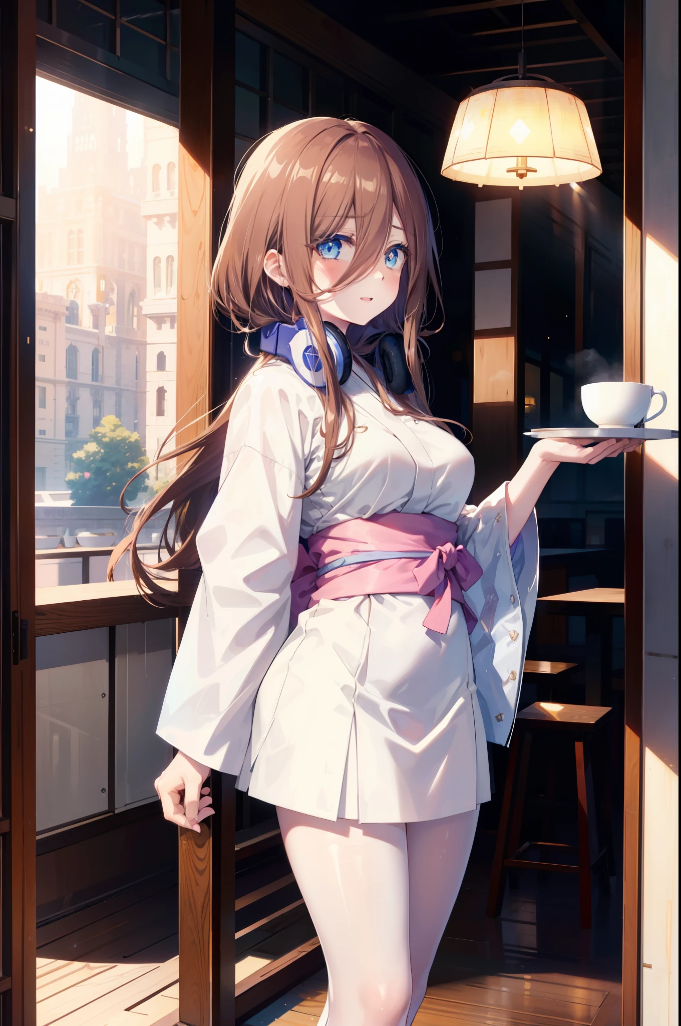 Miku Nakano, Miku Nakano, Long Hair, bangs, blue eyes, brown hair, shirt, Hair between the eyes, Long Hair,happy smile, smile, Open your mouth,blush,Idol-style white kimono,long furisode,White mini cucumber,White tights,Zori sandals,tray, tray in one hand,A beautiful waitress with Long Hair comes to the table to take our order,As if your whole body is in the illustration,
break looking at viewer, (Cowboy Shot:1. 5)
break indoors, coffee shop,
break (masterpiece:1.2), highest quality, High resolution, unity 8k wallpaper, (shape:0.8), (Fine and beautiful eyes:1.6), Highly detailed face, Perfect lighting, Highly detailed CG, (Perfect hands, Perfect Anatomy),
