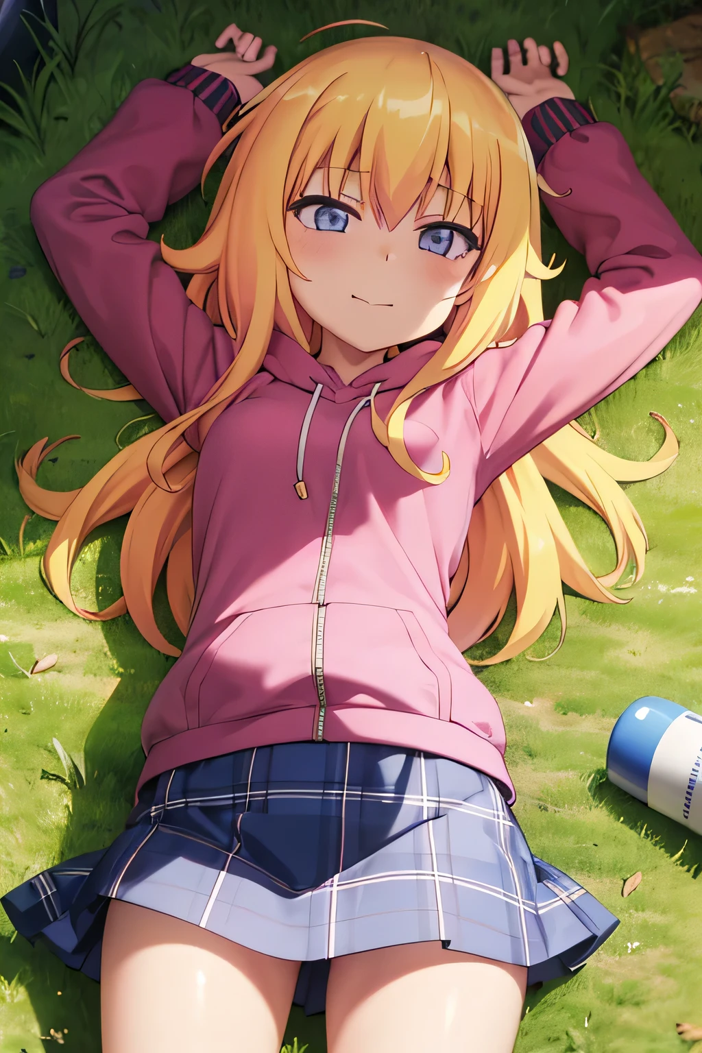 (extremely detailed CG unity 8k wallpaper), (masterpiece), (best quality), (ultra-detailed), (best illustration), (best shadow), (absurdres), 1girl, solo, gabriel white tenma, messy hair, ahoge, , red bow, plaid skirt, pink hoodie, closed mouth, spread arms, arms up, on back, on grass, looking at viewer, solo, center, smile, blushing, expressionless,  (cowboy shot:1.5)