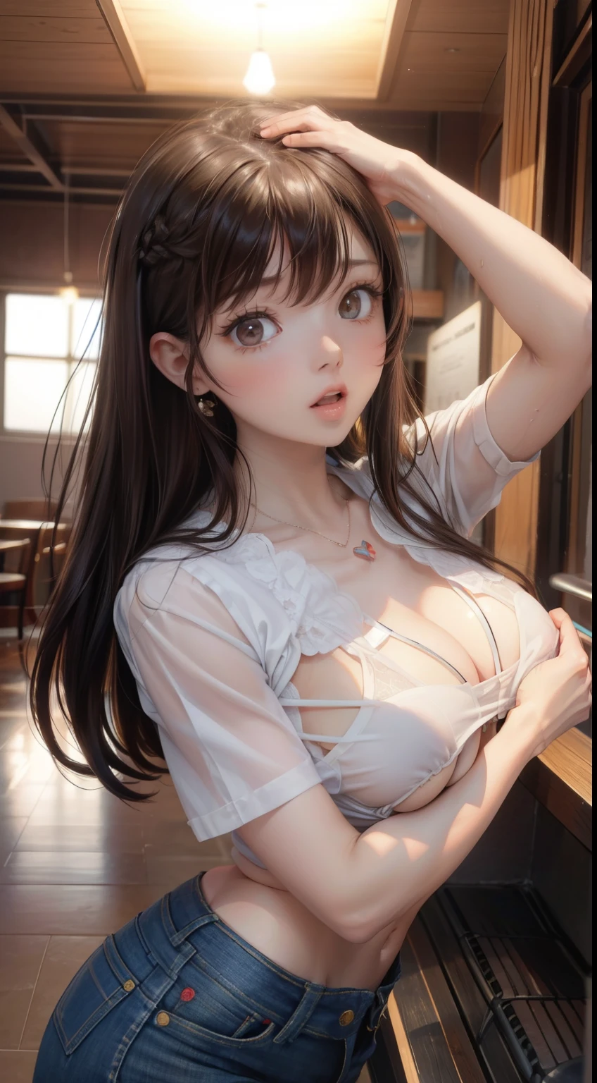 (In 8K、RAW shooting、highest quality、Masseter muscle area:1.2)、Very detailed、Super Resolution、(Realistic、Realistic pictures:1.37)、Portraiture、High quality RAW color photo、Professional photography、hVery detailed and beautiful、Very detailed、8K Image Wallpapers、Amazing details、Large file size、Official Art、HVery detailed CG Unity 8K wallpapers、hVery detailed beautiful girl、Very detailed顔、Very detailed目、Very detailed肌、とてもthin指、hVery detailed nose、Very detailed詳細な口、Perfect Anatomy、Detailed Background、detailed clothing、1 girl、(20:1.2)、19 years old. pretty girl、Realistic body、、White skin、Glowing Skin、Because I'thin、Black-haired、((Long Hair))、(Well-groomed bangs: 1.4)、Cute face、A vivid face、Delicate eyes、Order the sauce、((stylish pool bar))、(((No bra)))、(((上半身のヌードwoman)))、((Wearing damaged jeans))、((woman'The chest is exposed))、((Standing posture))、((Arms tied with rough rope、Girl hanging from the ceiling))、((Uru body shot with legs spread))、Earrings、necklace、bracelet、((Turn your face to the side))、Contrapo、Dynamic Lighting、((firm B cup))、((Cleavage))、(((Close your eyes and yawn loudly)))、((Expressions of anguish))、Pure erotic face、perfect ratio、Perfect beautiful girl、Second dimension beautiful girl
