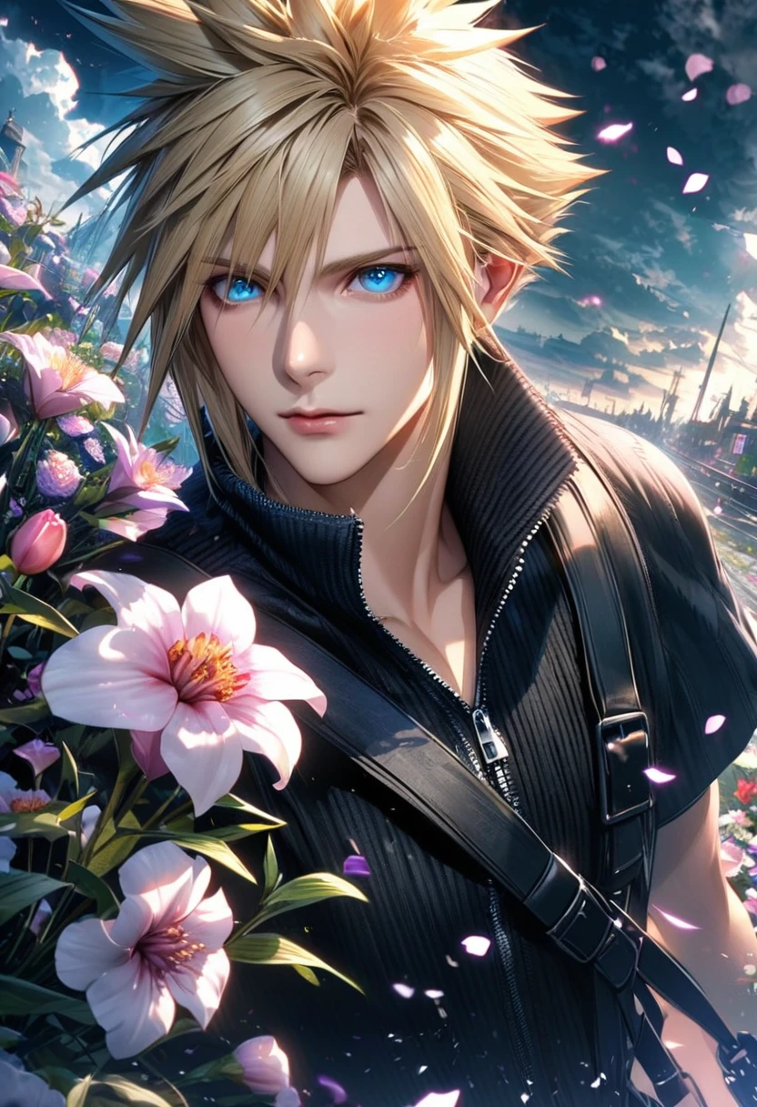 Ultra detailed, Highres, absurdres, HDR, Cloud Strife, blue eyes, blond hair, Final Fantasy VII Advent Children, purple lightning, handsome, 1 man only, very detailed face and eyes, flowers and petals