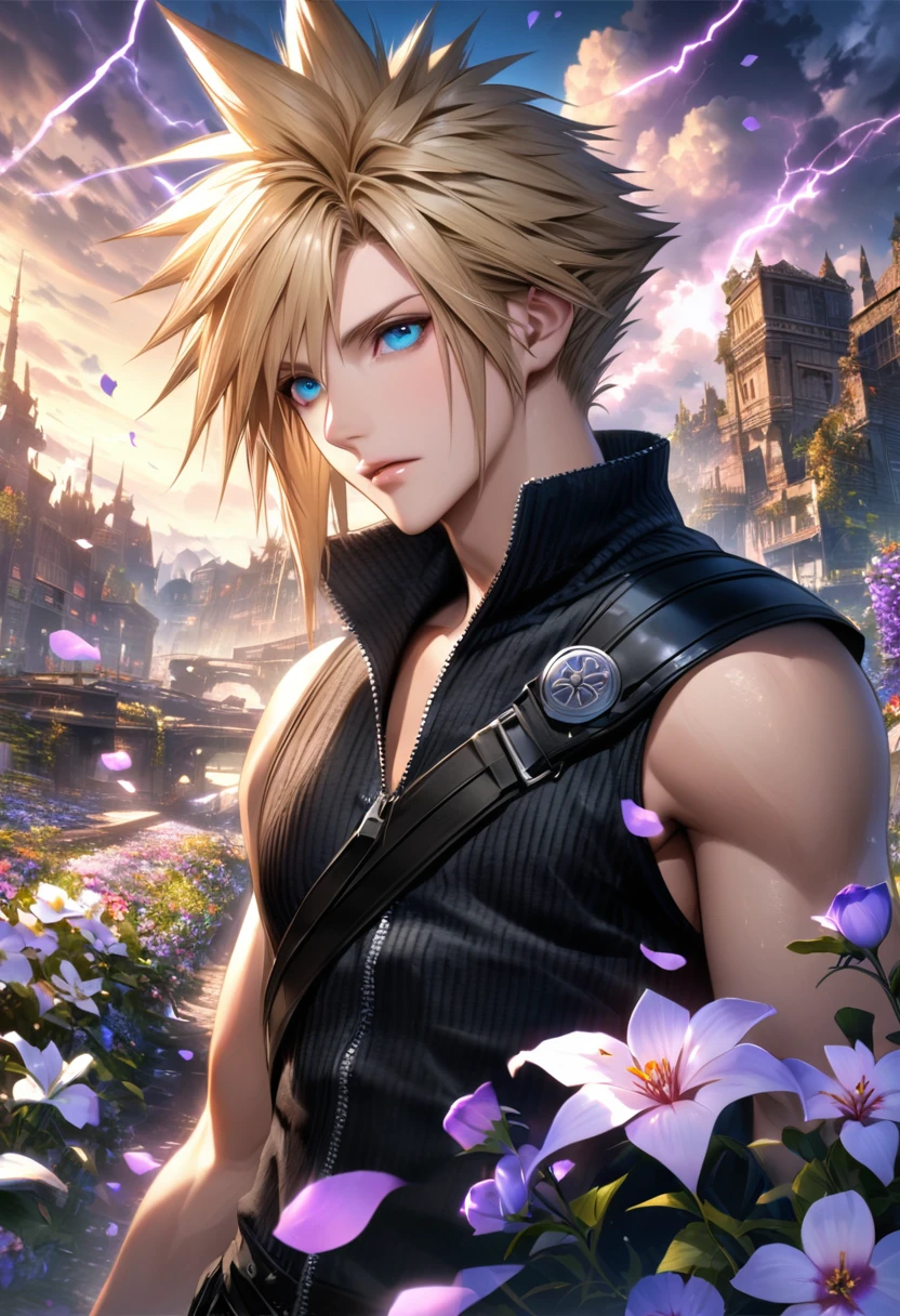 Ultra detailed, Highres, absurdres, HDR, Cloud Strife, blue eyes, blond hair, Final Fantasy VII Advent ren, purple lightning, handsome, 1 man only, very detailed face and eyes, flowers and petals