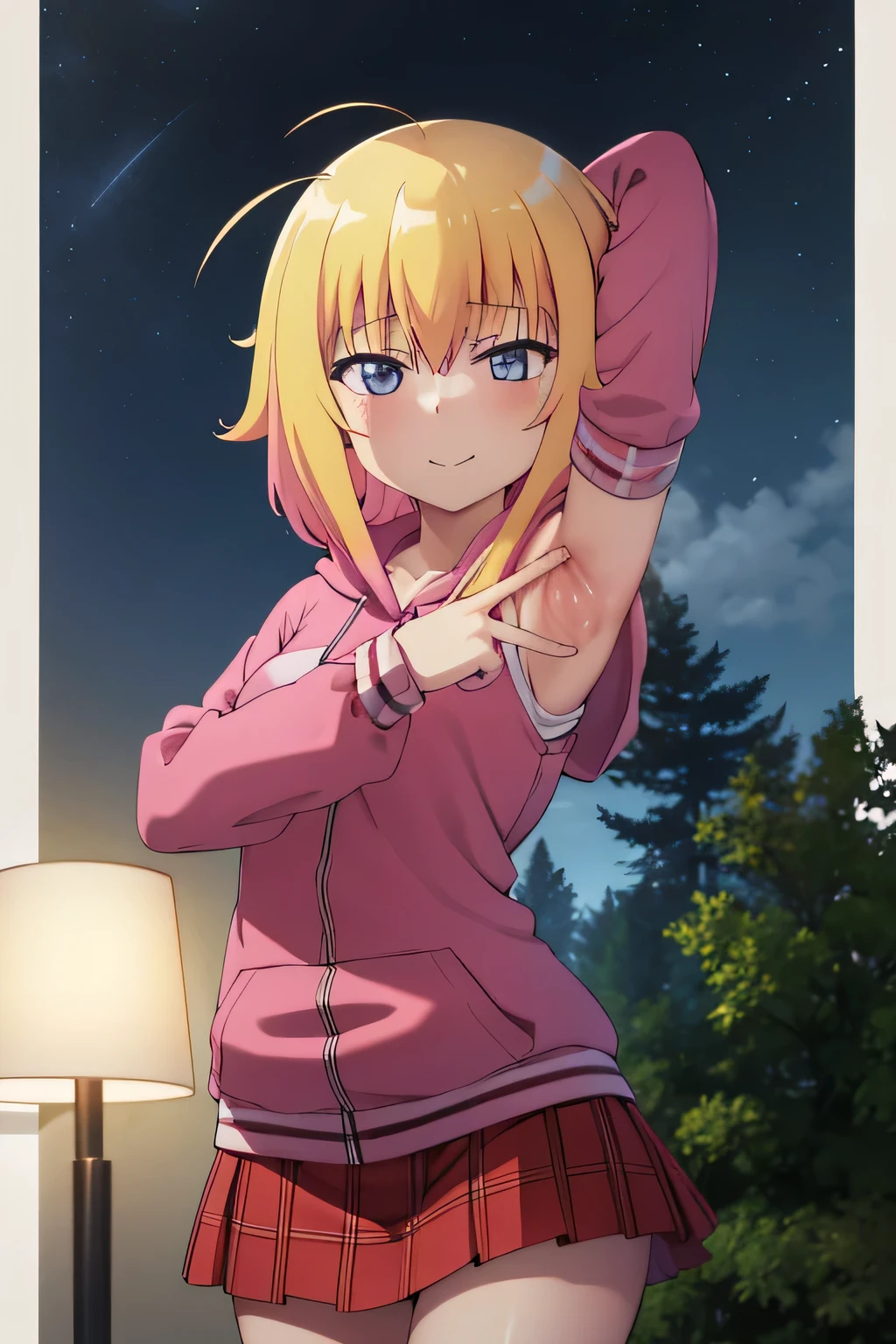 (extremely detailed CG unity 8k wallpaper), (masterpiece), (best quality), (ultra-detailed), (best illustration), (best shadow), (absurdres), 1girl, solo, gabriel white tenma, messy hair, ahoge,red bow, plaid skirt, pink hoodie, arms behind head, closed mouth, night sky, forest, spread armpits, contrapposto, upper body, blush, expressionless, smile,