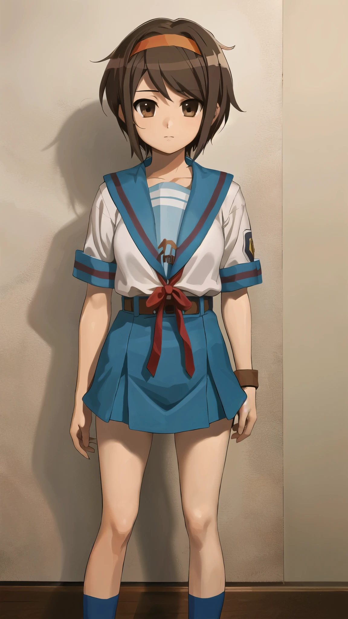 Masterpiece, best quality, height, 1 girl, Suzumiya Haruhi, alone, high income , blue sailor collar,  sailor collar, blue skirt, brown hair, short hair, brown eyes, armband, headband, medium hair, ribbon, sock, Medium bust, cowboy shoot,