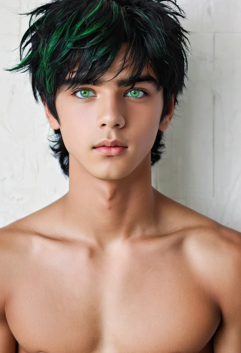 A boy with black hair that falls in rebellious strands over his forehead and green eyes emanates a magnetic attraction. His confident demeanor gives him a dominant presence in any situation.. His attractive but somewhat unkempt appearance suggests a man who is used to effortlessly attracting attention.. in full body, an 18-year-old boy who looks mature but also always has what he wants and who is seen to be loved by his fans and who also has money