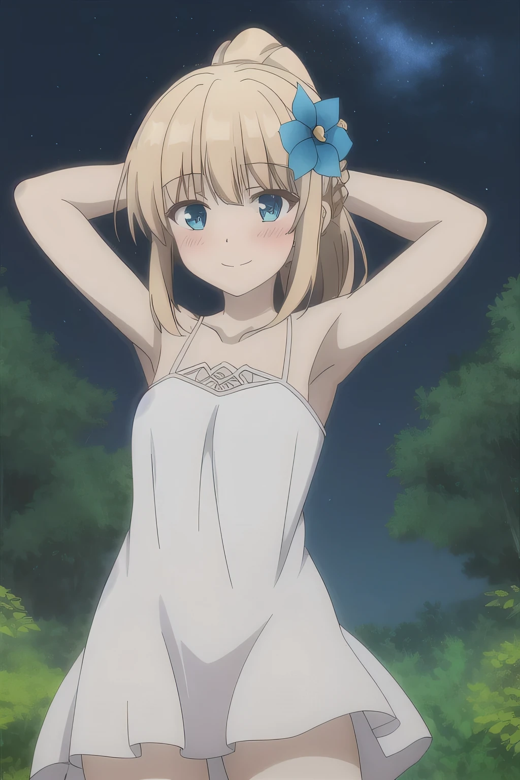 sora, anime art style, 1girl, solo, blush, bangs, blue_eyes, blonde_hair, hair_ornament, dress, bare_shoulders, collarbone, shy, ponytail, braid, flower, blushing, hair_flower, off_shoulder, white_dress, blue_flower, solo, night sky, forest, arms behind head, looking at viewer, contrapposto, spread armpits, closed mouth, smile, (cowboy shot:1.5)