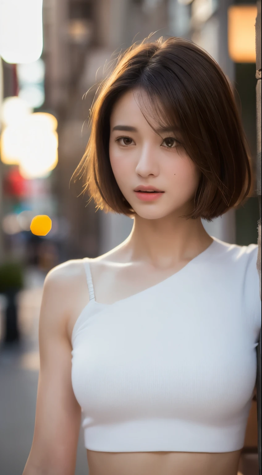 ((Realistic lighting, best quality, 8k, masterpiece: 1.3)), Be focused: 1.2, 1 Girl, Perfect body: 1.4, Slim abdominal muscles: 1.1, ((Dark brown hair)), (White short top: 1.4), (outdoor, night: 1.1), City Streets, super delicate face, Beautiful eyes, Double eyelids,