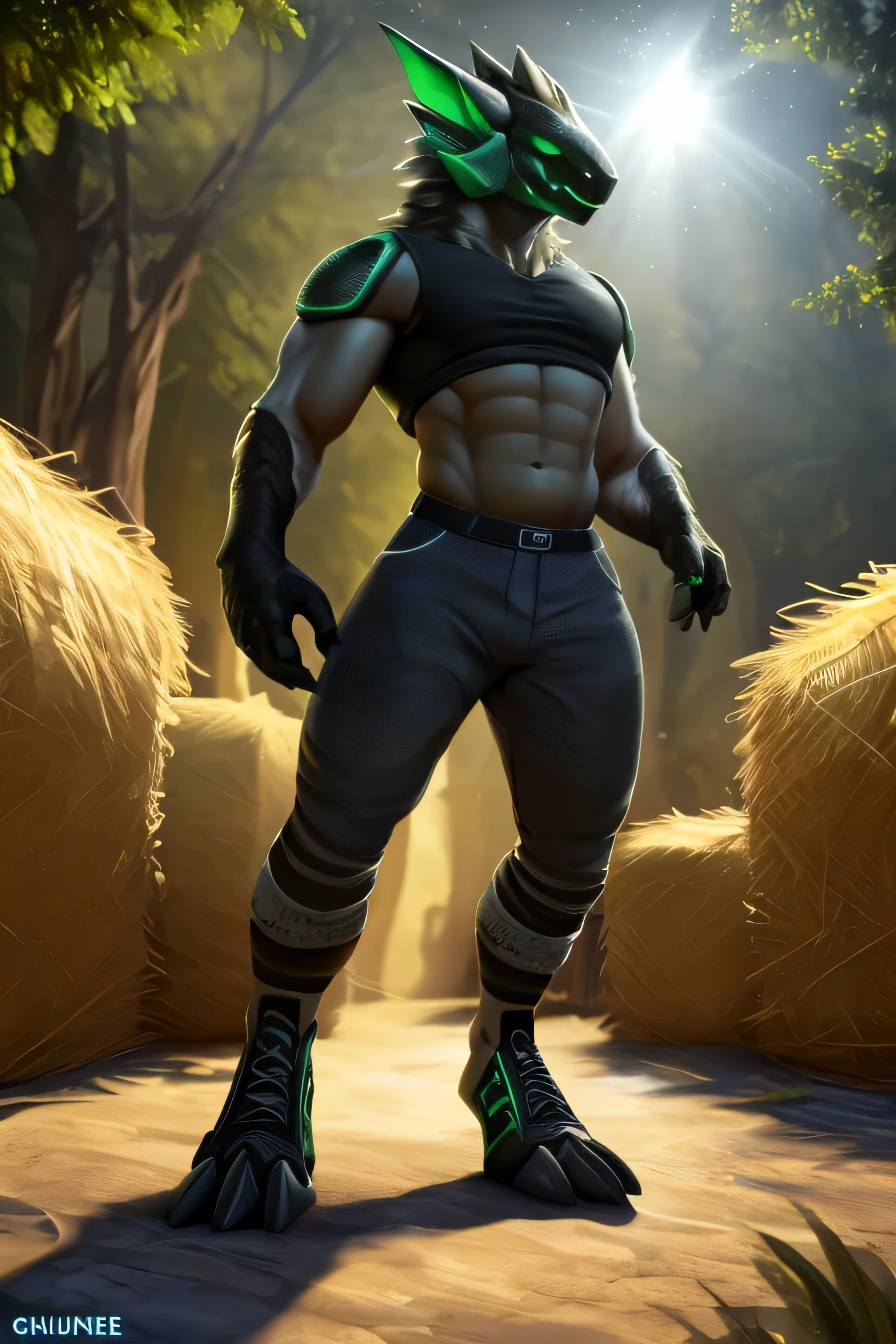 publicado en e621, (by Chunie), protogeno,solo,masculino,Pelaje verde oscuro con rayas blancas en las puntas.,muscular, cuerpo delgado, cuerpo completo como, hacer ejercicio en el parque, Camiseta sin mangas,Use pantalones cortos negros, zapatos jordan, Hay algunas hojas arrastradas, belleza abstracta, Cara ultra detallada, profundidad de campo, Desenfoque de movimiento, detalles altos, alta calidad, premiado, High Definition, 16k, (mejor calidad,4k,8k,high resolution,Obra maestra:1.2),ultra detallado,realista:1.37,High DefinitionR,UHigh Definition,studio lighting,extreme detailed description,profesional,vivid colors,bokeh,ambiente animado, natural lighting