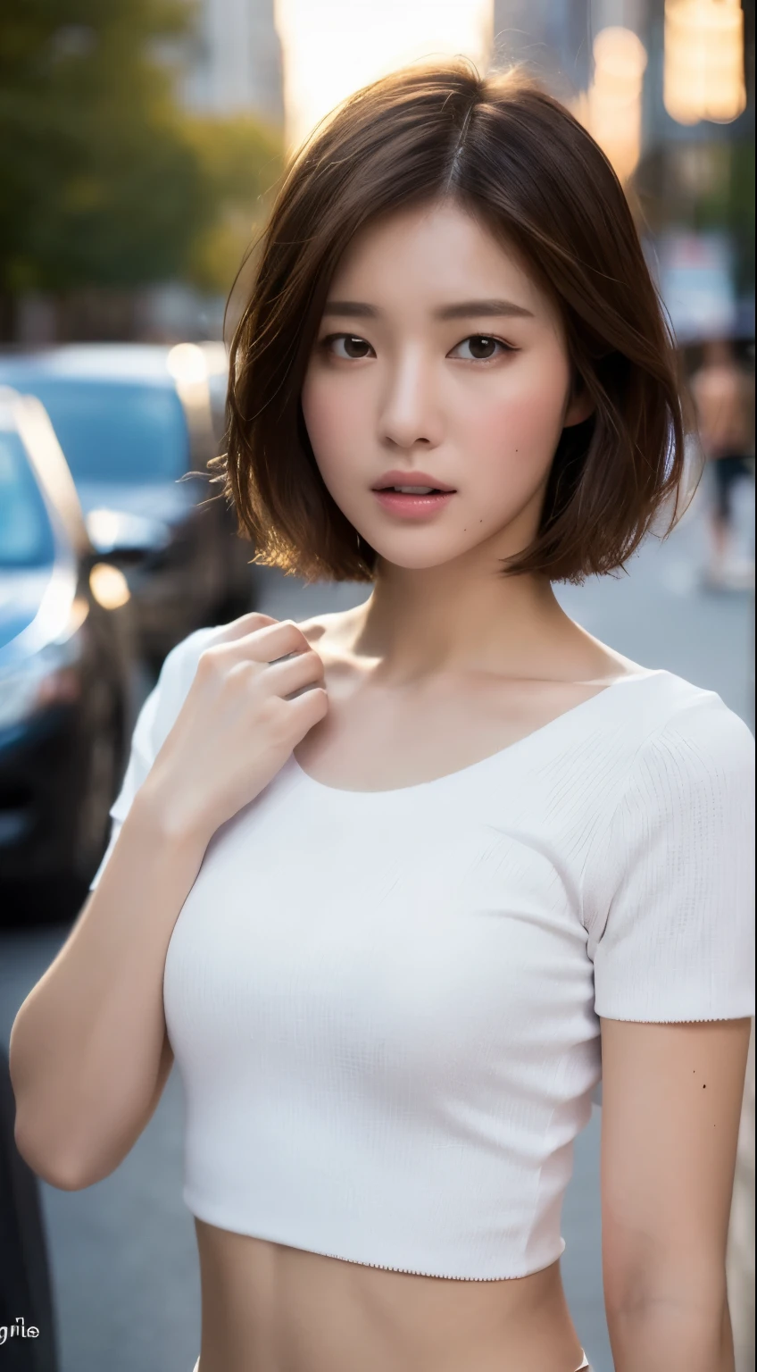 ((Realistic lighting, best quality, 8k, masterpiece: 1.3)), Be focused: 1.2, 1 Girl, Perfect body: 1.4, Slim abdominal muscles: 1.1, ((Dark brown hair)), (White short top: 1.4), (outdoor, night: 1.1), City Streets, super delicate face, Beautiful eyes, Double eyelids,