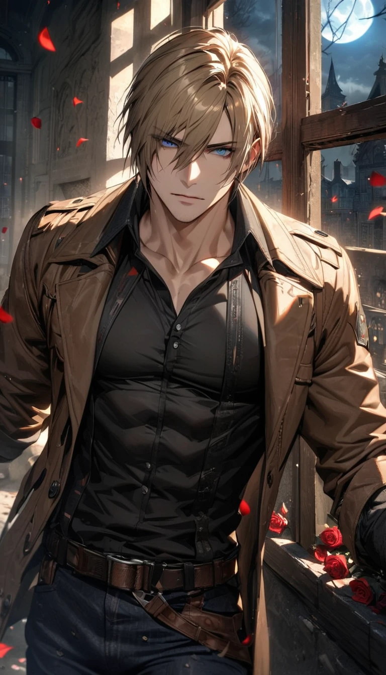 absurdres, highres, ultra detailed, HDR, masterpiece, Leon S Kennedy, blond-brown hair, expressive blue eyes, Resident Evil 6, 1man, handsome, brown coat, tight black shirt, toned chest, window, moon, petals, roses