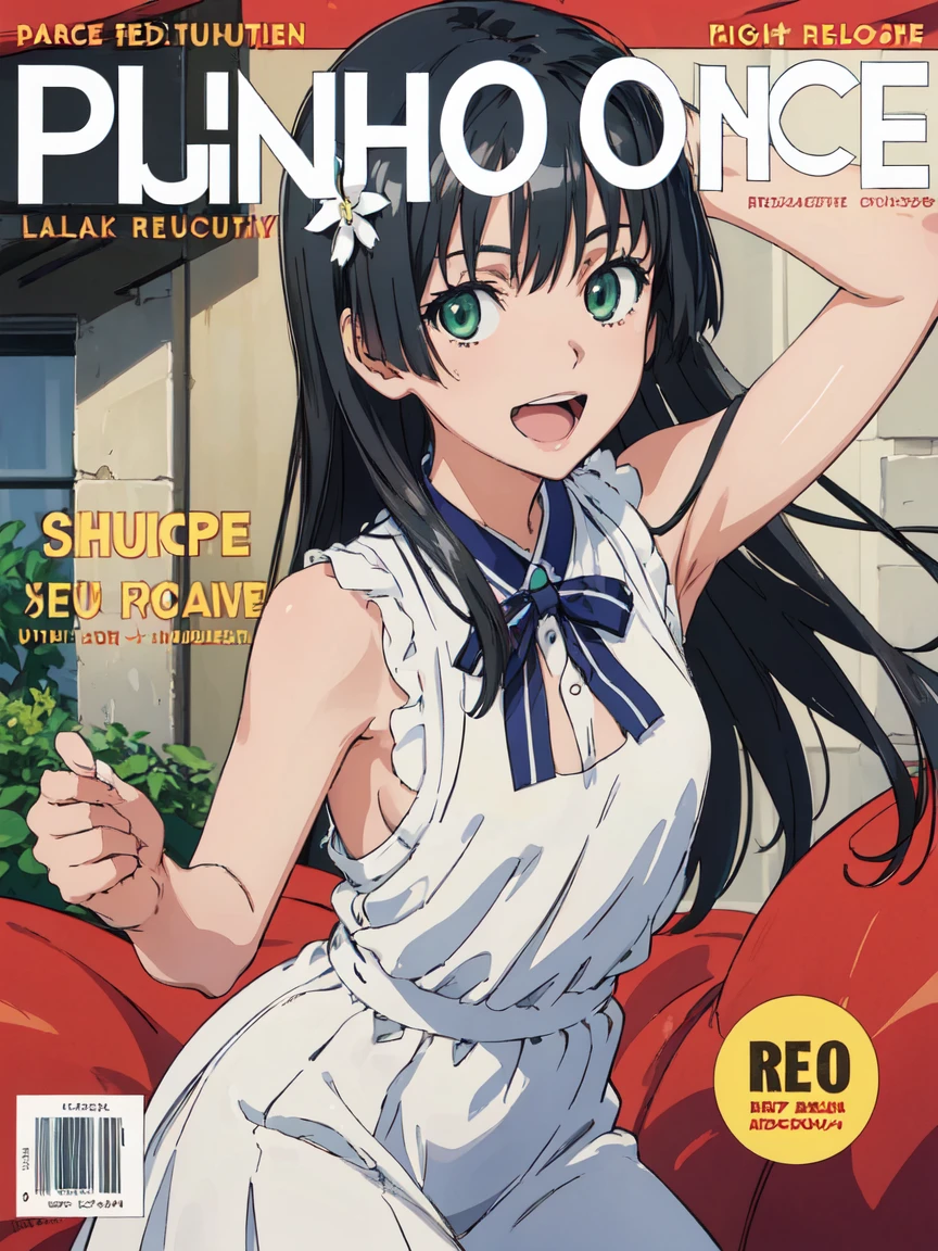 penthouse-cover, (High resolution:1.4), (masutepiece:1.2), (High quality:1.3) 1girl, saten ruiko, green eyes, long hair, black hair, small breast, smile, open mouth