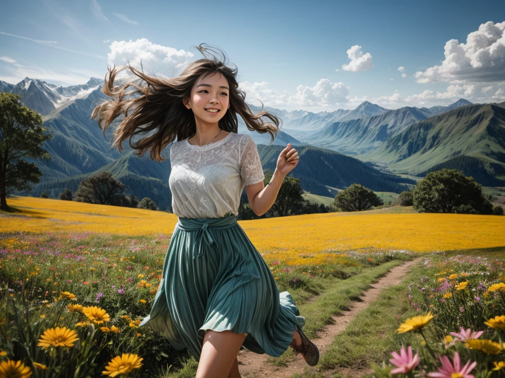 (best quality,highres:1.2),ultra-detailed,realistic,photorealistic:1.37,portrait,landscape,artistic rendering,colorful,soft lighting,bokeh,alpaca,girl,running,nature,joyful,harmony,peaceful environment,greenery,beautiful detailed eyes,brown wavy hair,long curly eyelashes,happy expression,vibrant colors,naturalistic scenery,mountain range,fresh air,windy day,wide open field,playful interaction,blissful moment,sunlit landscape,gentle breeze,youthful energy,sunny day,wholesome,innocence,colorful flowers,adorable,memorable experience