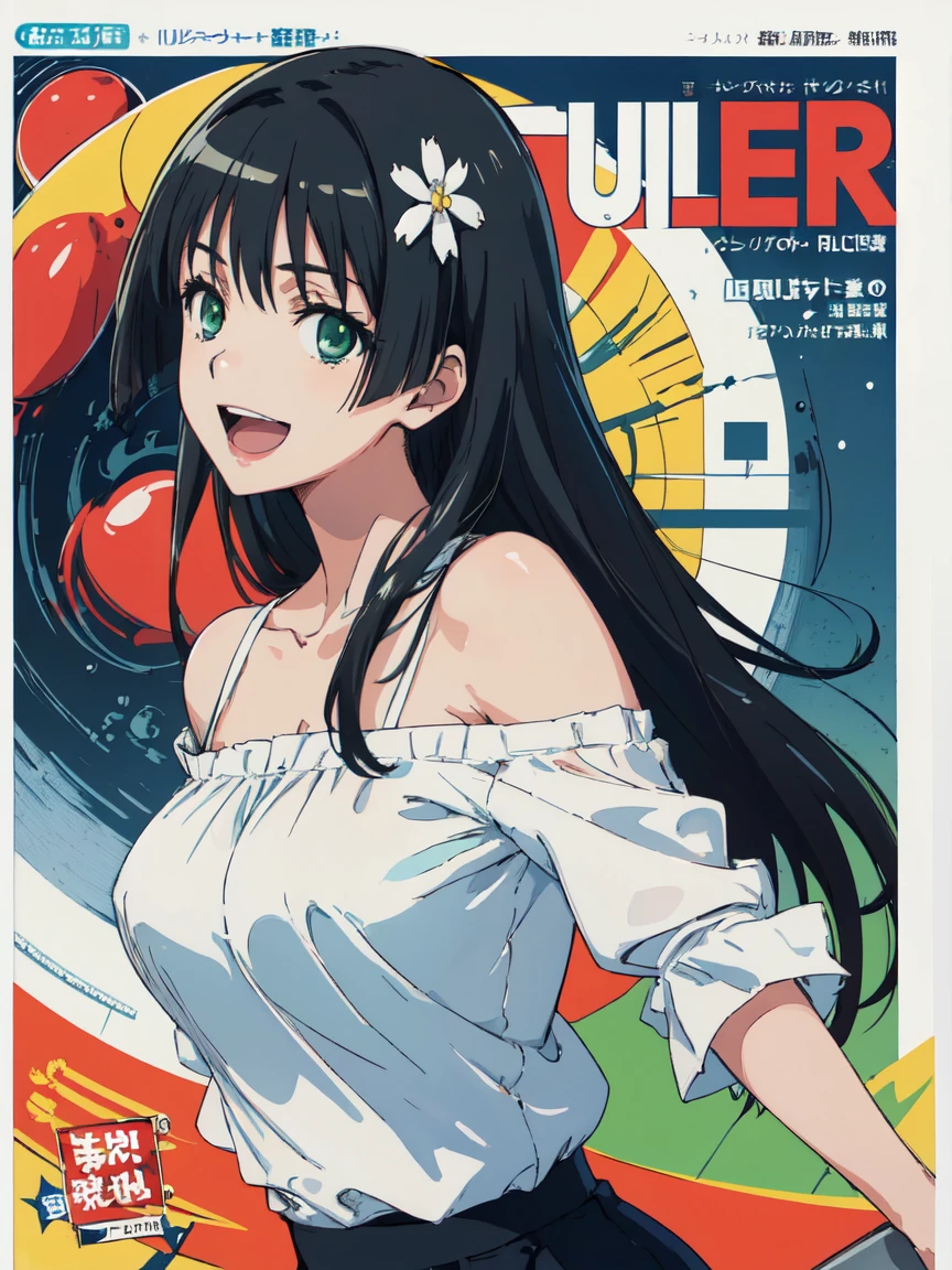 hustlercover, (High resolution:1.4), (masutepiece:1.2), (High quality:1.3) 1girl, saten ruiko, hair ornament, green eyes, long hair, black hair, small breast, huge smile. open mouth