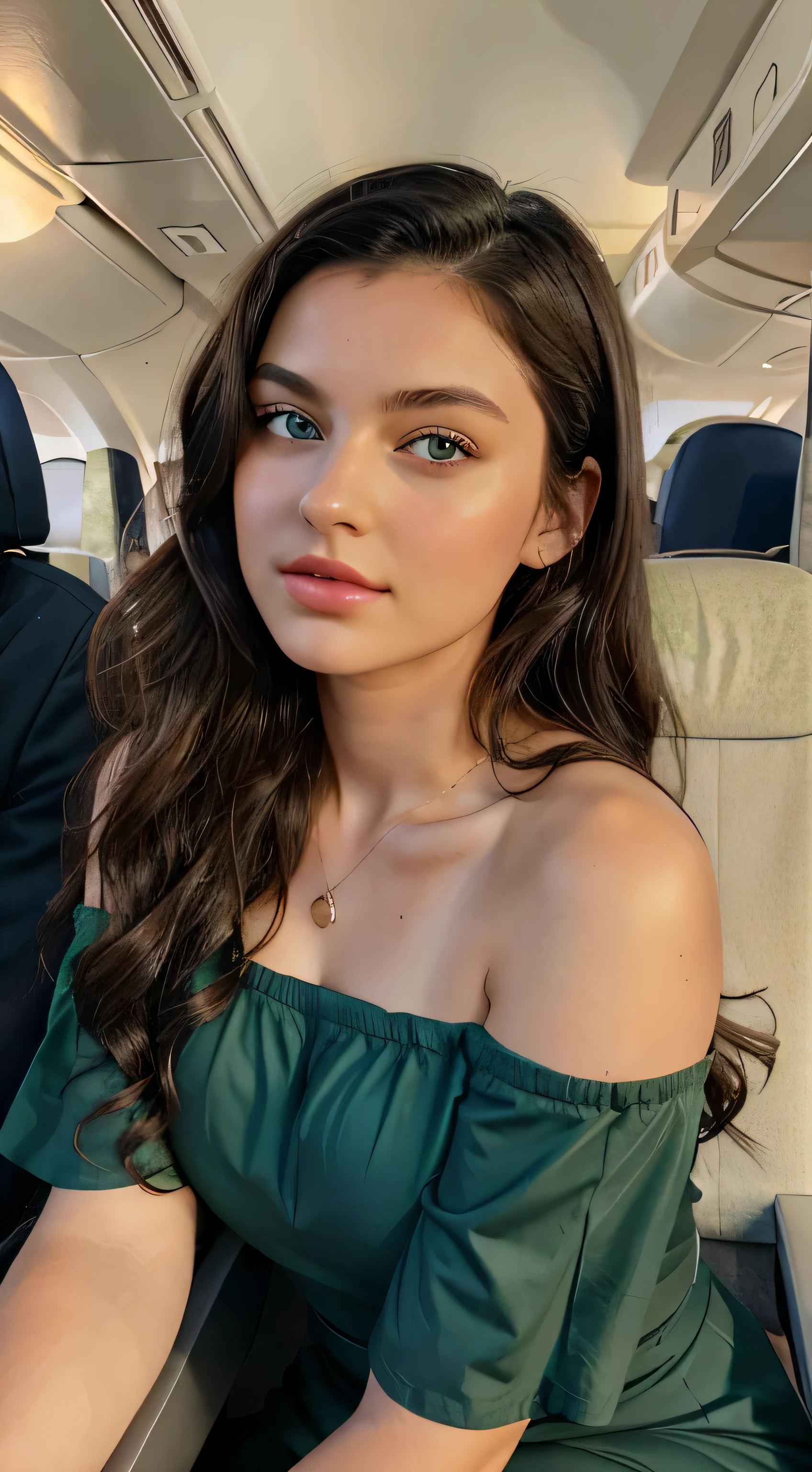 a beautiful girl with an angelic face, she is 19 years old, long and curly black hair, tied up, green eyes, thick natural blood-colored lips, thick sexual lips, she wears a short off-the-shoulder dress glued to her body In navy shades . She is on a plane, domestically she is traveling, she is in a restaurant, she has beautiful bright green eyes.