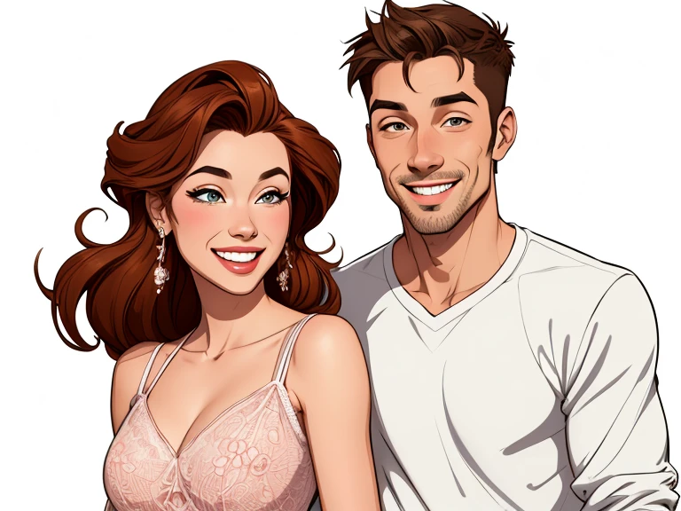 Happy couple of man and woman with beautiful smile cartoon style digital illustration white background