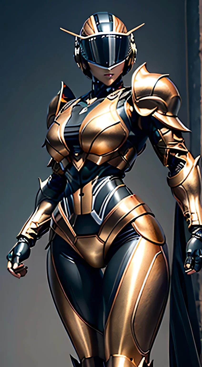 Female Robocop Solo、bright outdoors、strong light source、8K, high quality, masterpiece, 最high quality、very detailed、Armor that completely covers the whole body、very large armor、Helmet covering the head、clear pictures、Eyes hidden by thin straight goggles:1.3、The lower half of the face is raw:1.5、The lower half of the face is exposed、Luscious lips、Dark orange and white metallic armor、Armor that completely covers the chest、Long, slender legs、Vibrant posel body view,Big and ample breasts:1.5, (Sports Body:1.5)、Five Fingers、photos around town