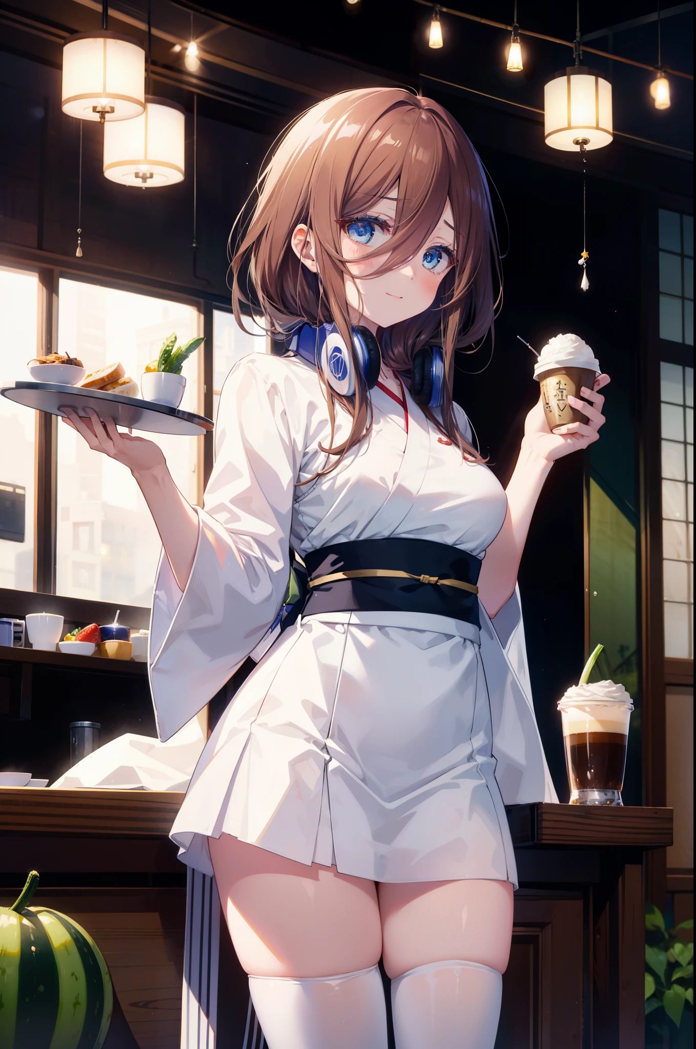 Miku Nakano, Miku Nakano, Long Hair, bangs, blue eyes, brown hair, shirt, Hair between the eyes, Long Hair,happy smile, smile, Open your mouth,blush,Idol-style white kimono,long furisode,White mini cucumber,White tights,Zori sandals,tray, tray in one hand,A beautiful waitress with Long Hair comes to the table to take our order,As if your whole body is in the illustration,Maid Headless,
break looking at viewer, (Cowboy Shot:1. 5)
break indoors, coffee shop, 
break (masterpiece:1.2), highest quality, High resolution, unity 8k wallpaper, (shape:0.8), (Fine and beautiful eyes:1.6), Highly detailed face, Perfect lighting, Highly detailed CG, (Perfect hands, Perfect Anatomy),